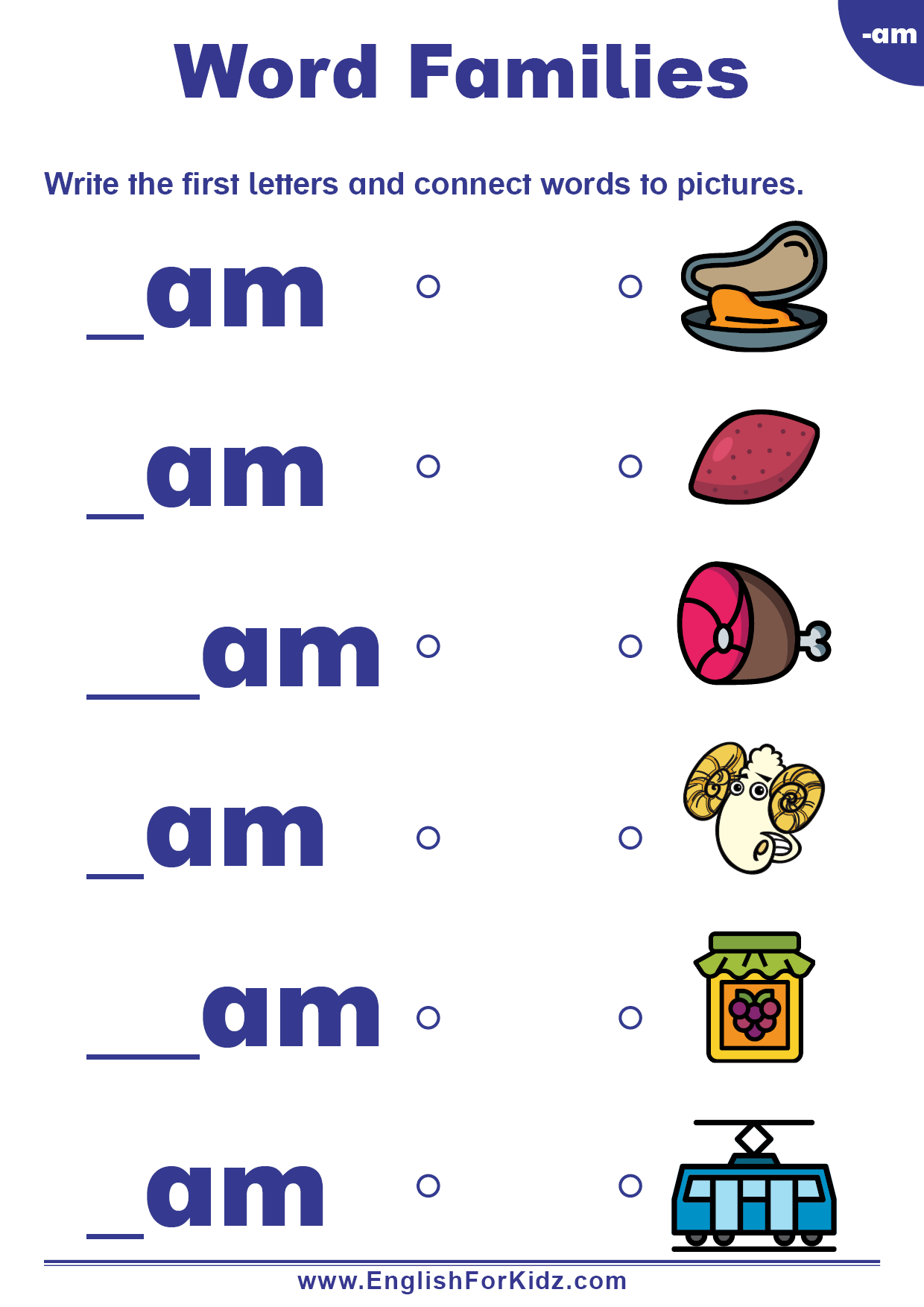 English For Kids Step By Step Word Families Worksheets Am Words Free PDF