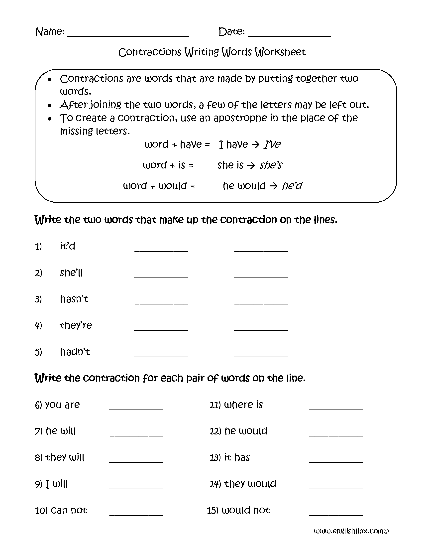 Contractions Worksheets Grade1to6