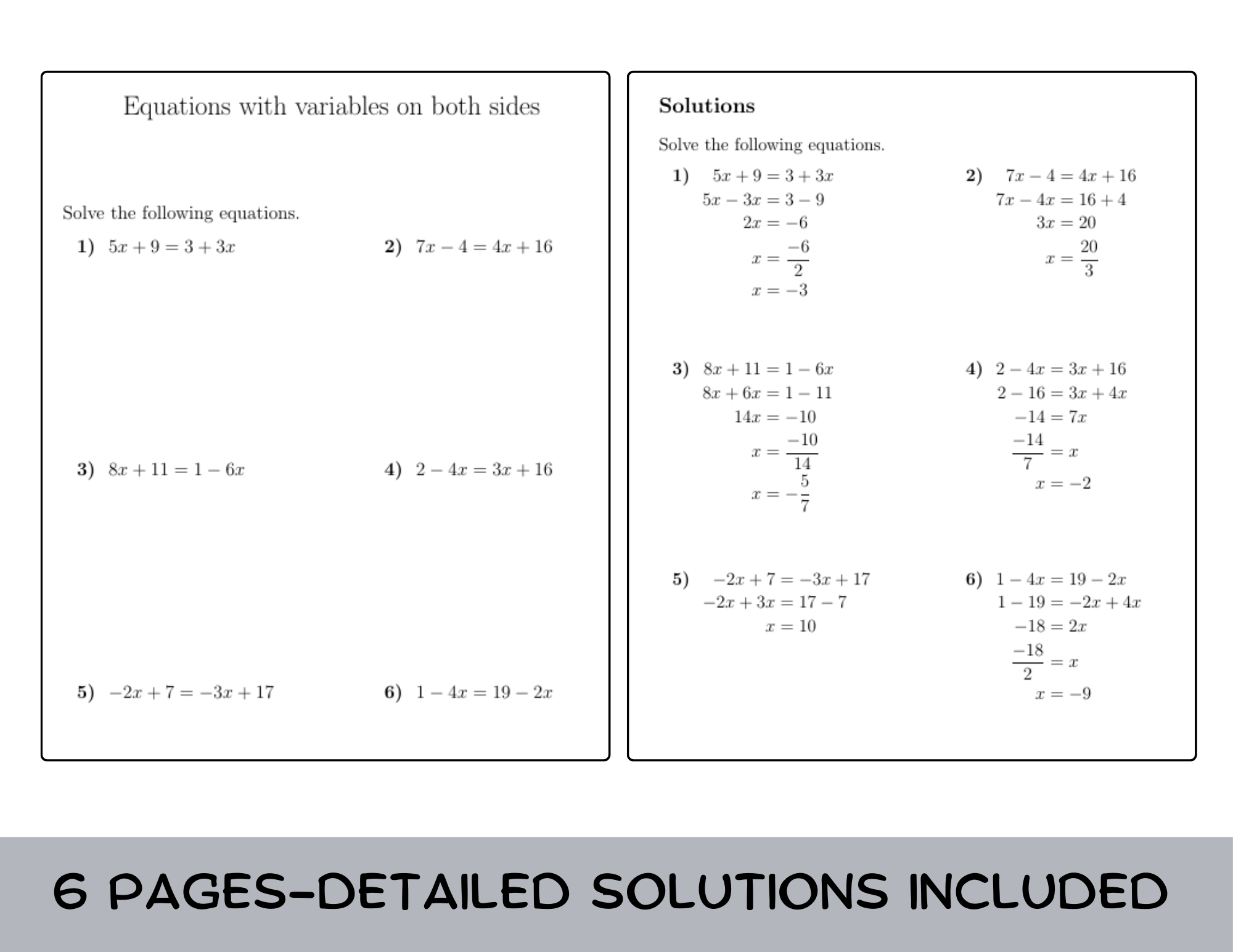Equations With Variables On Both Sides Worksheet With Solutions Teaching Resources Equations With Variables On Both Sides Worksheet With Solutions Teaching Resources