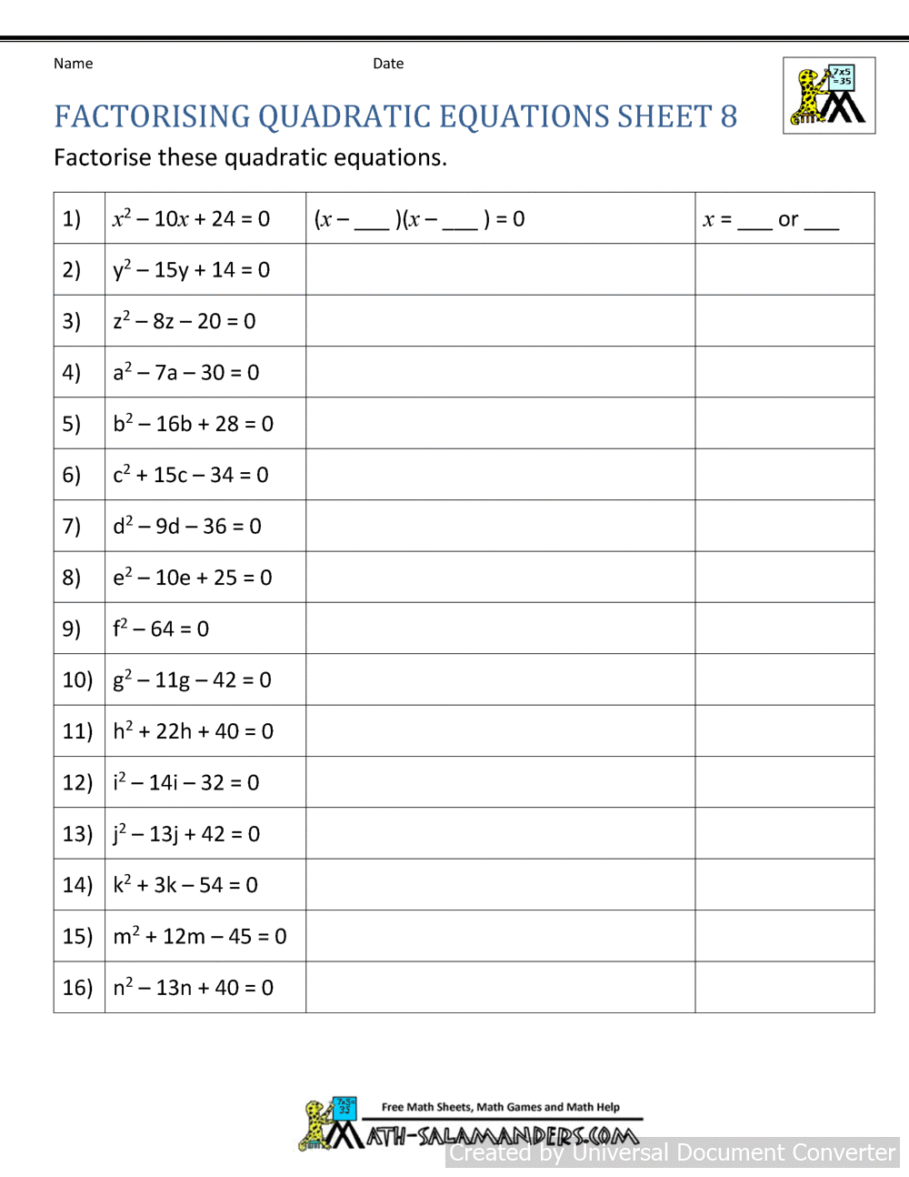Factoring Quadratic Equations