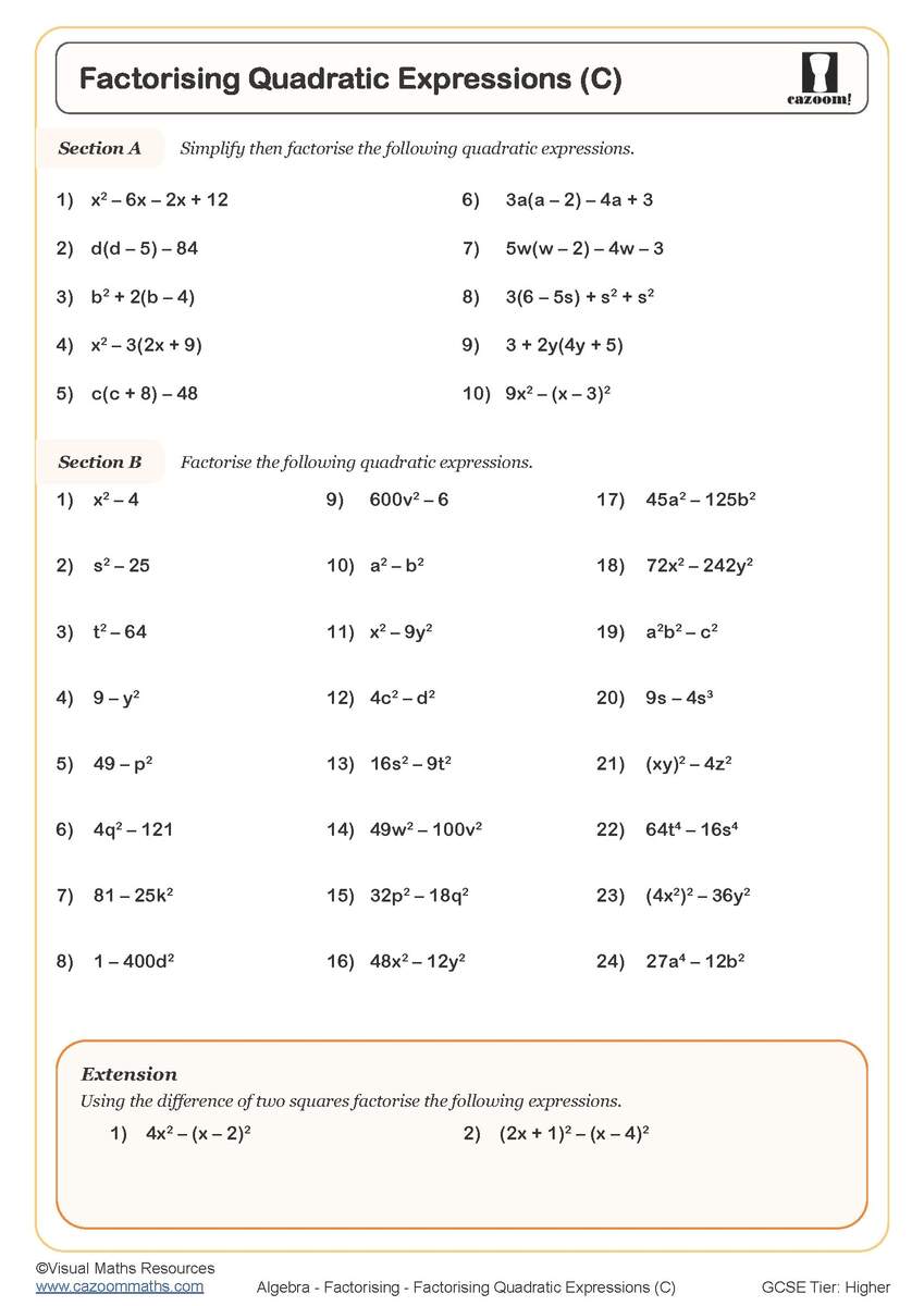 Factorising Quadratic Expressions C Worksheet Printable PDF Worksheets Edia AI Platform For Student Outcomes
