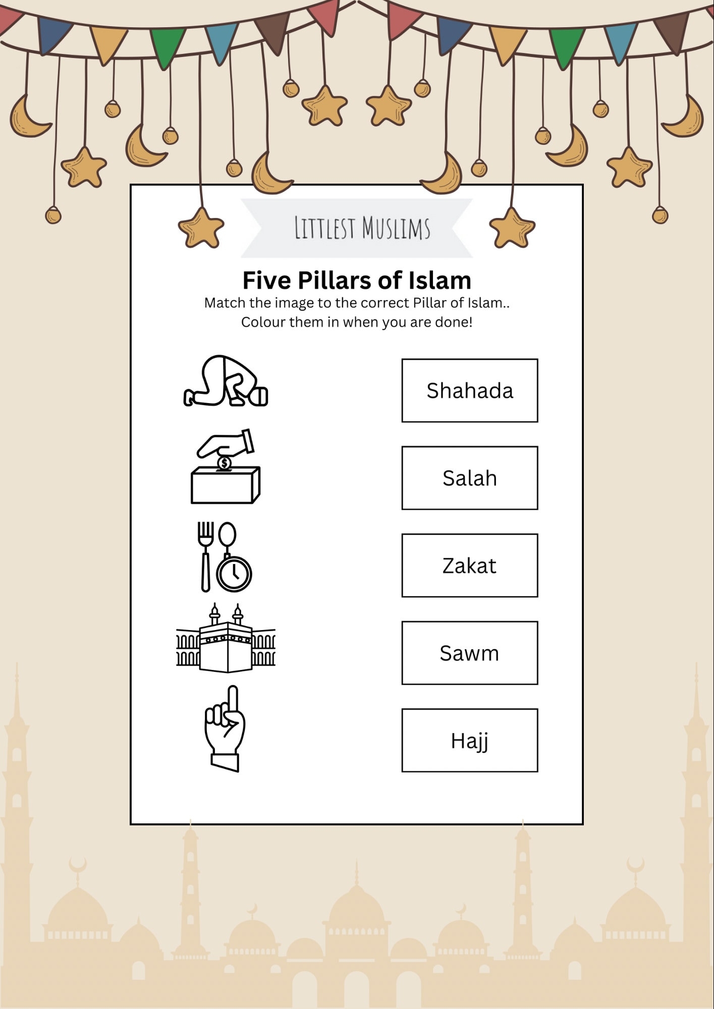 Five Pillars Of Islam Littlest Muslims Printable Matching Activity Sheet Etsy Usul Ad Din 15 Page Bundle Printable Activities Shia Muslim Kids Roots Of Religion 5 Pillars Of Islam Karbala Instant Download Etsy