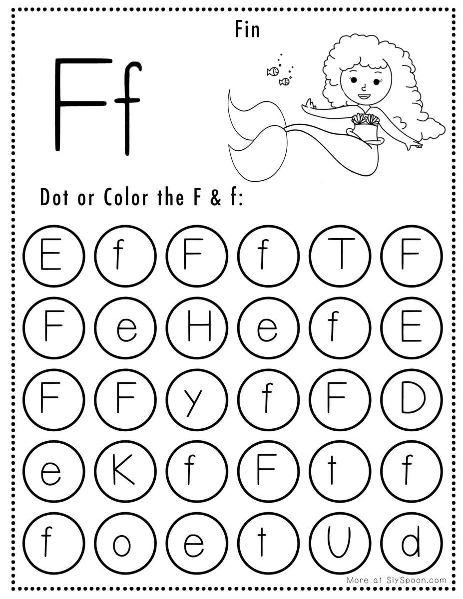 Free Alphabet Do A Dot Printables Worksheets Letter F Mermaid Themed Sly Spoon Letter F Coloring Worksheet Free Printable Digital PDF