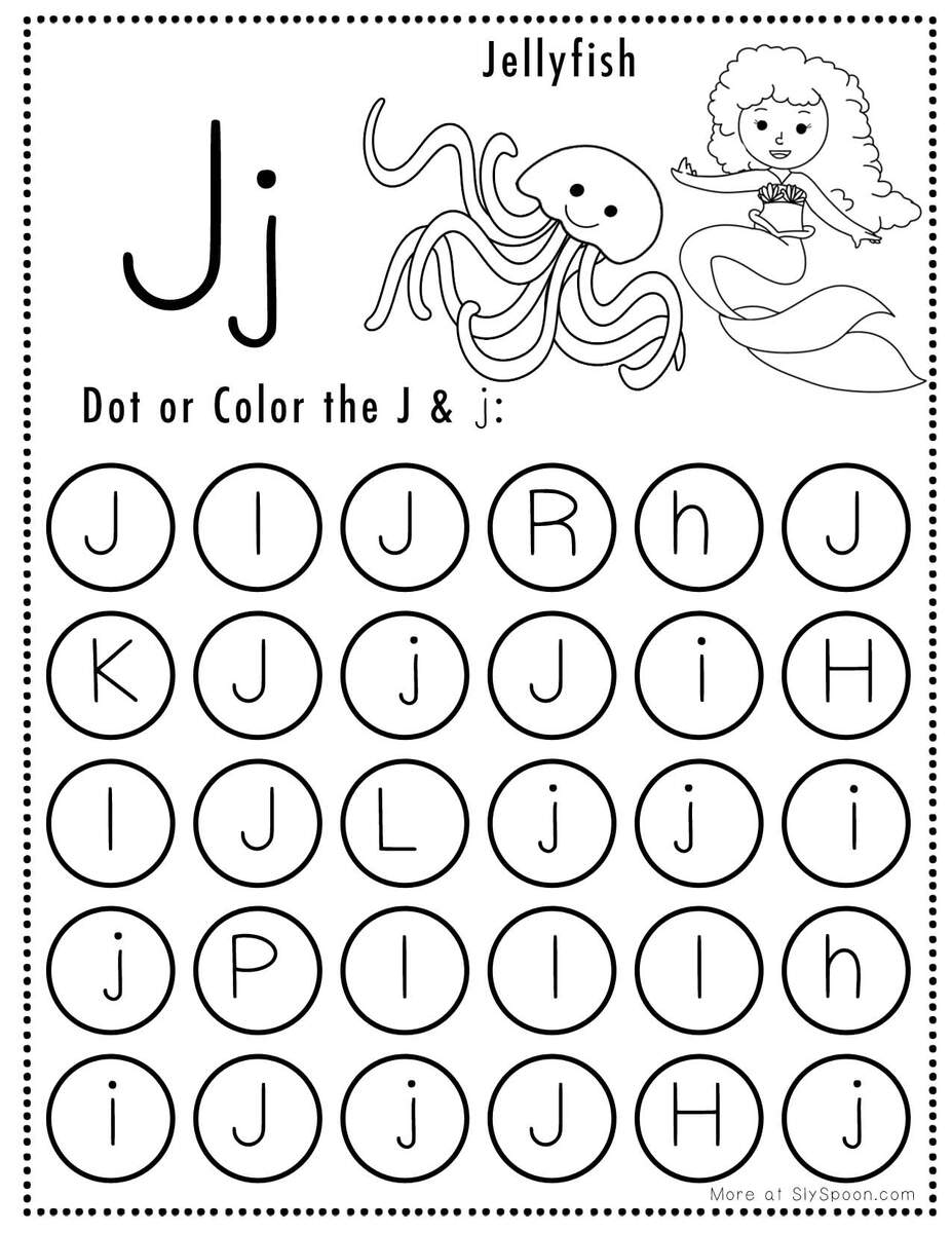 Free Alphabet Do A Dot Printables Worksheets Letter J Mermaid Themed Sly Spoon Letter J Coloring Worksheet Free Printable Digital PDF