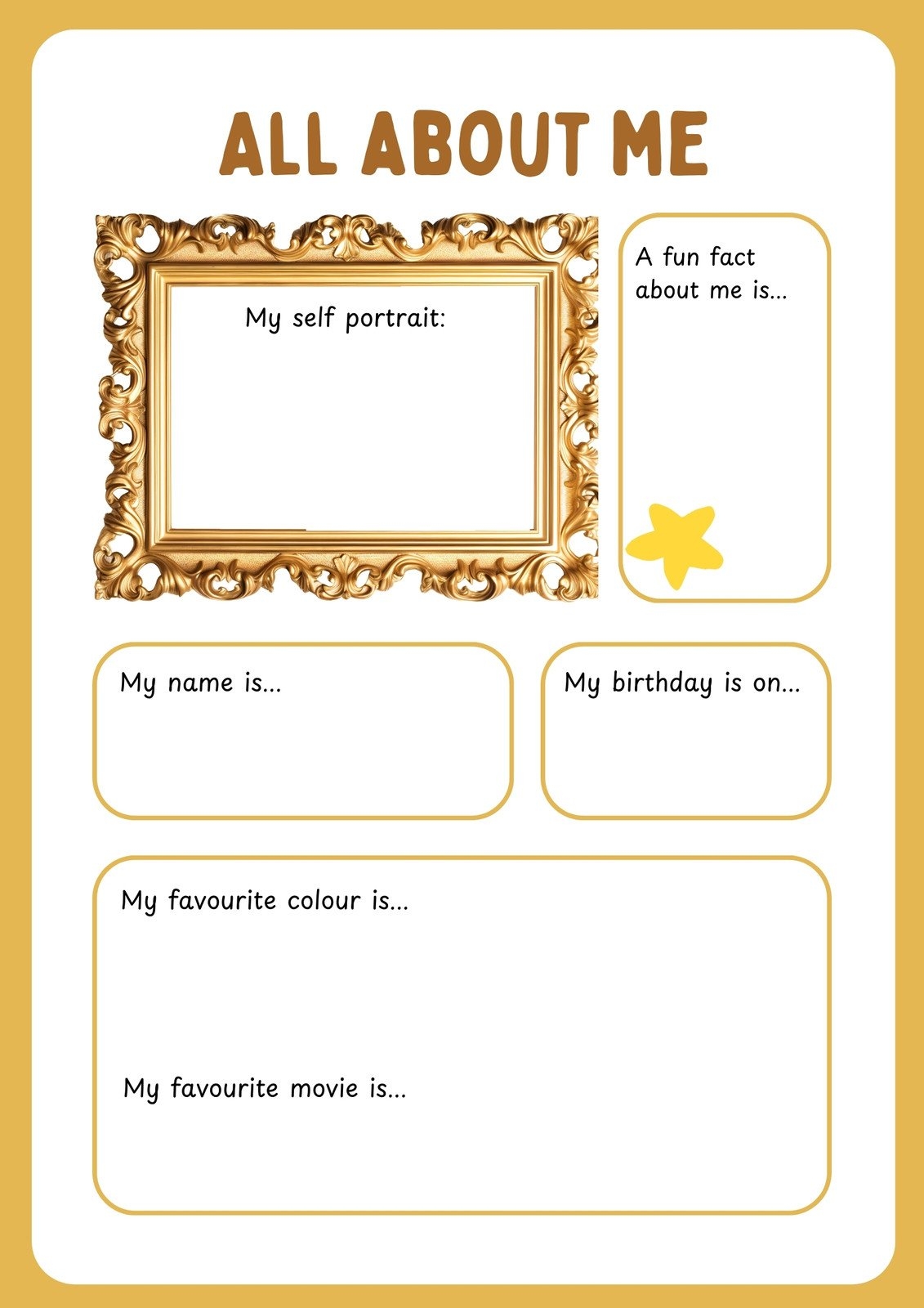 Free And Printable All About Me Worksheet Templates Canva All About Me Printable Preschool Worksheet Free PDF MindyMakes