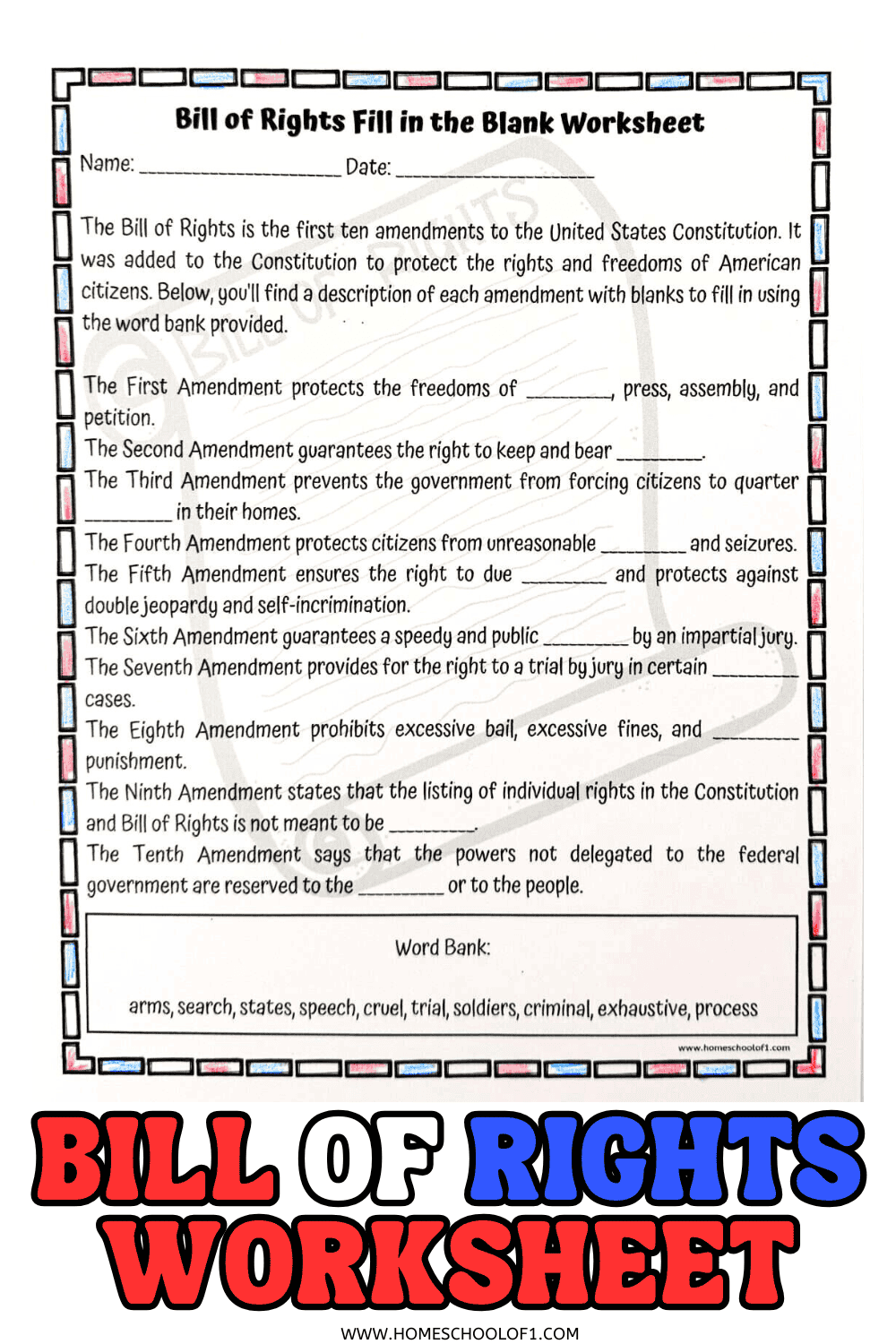 Free Bill Of Rights Worksheet Fill In The Blank Bill Of Rights Worksheet WordMint