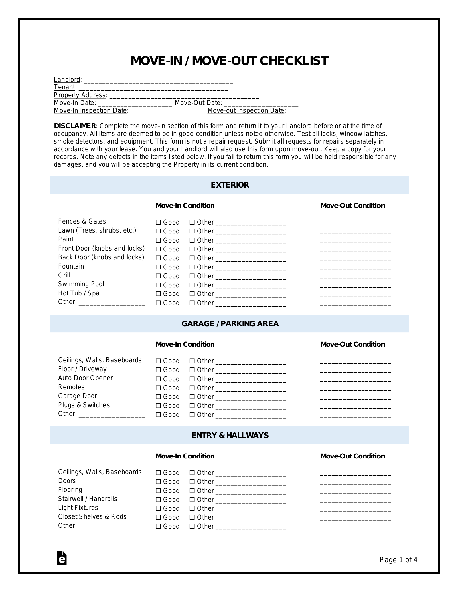 Free Move In Move Out Checklist Form PDF Word