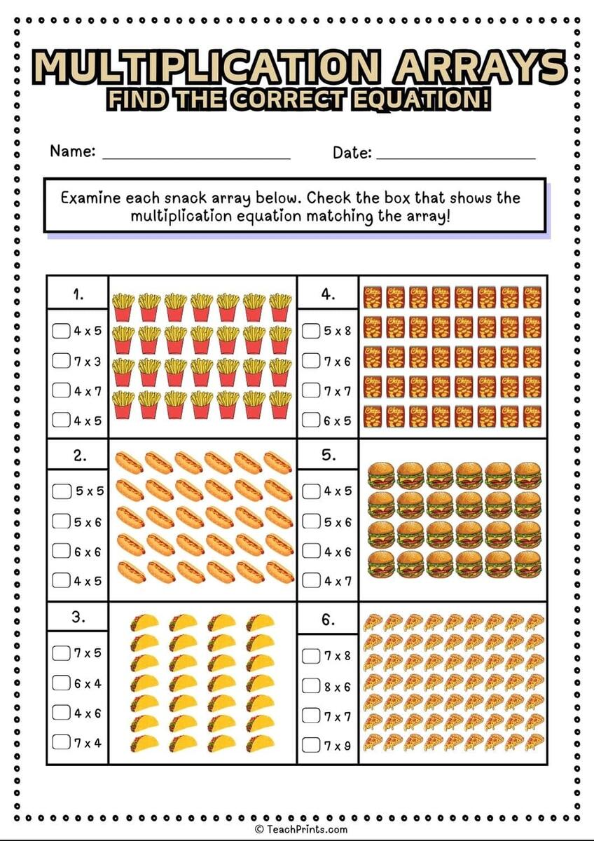 Free Multiplication Arrays Worksheets Teach Prints Color The Array Multiplication Eight Worksheets Etsy