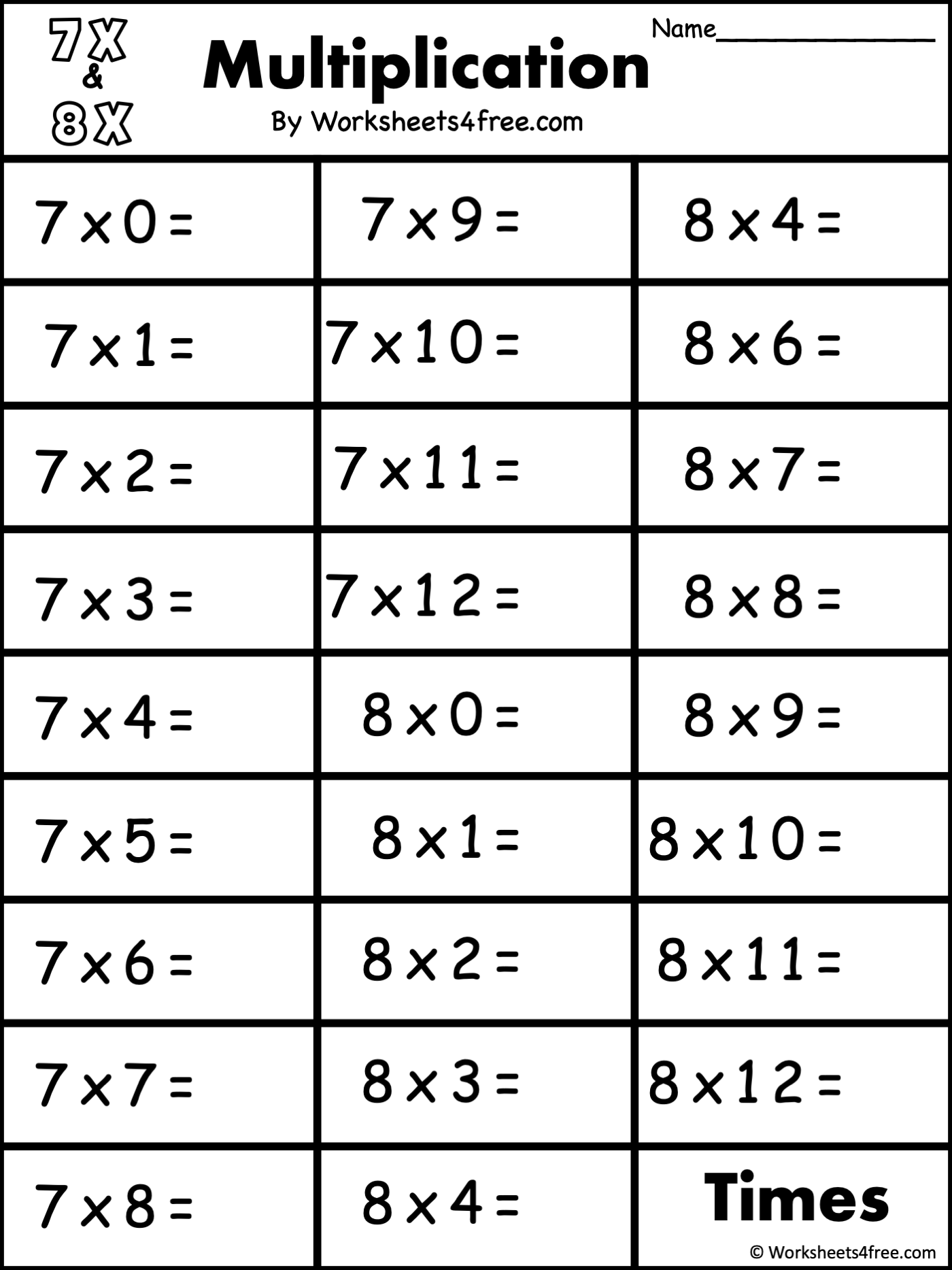 Free Multiplication Worksheet 7s 8s Worksheets4Free