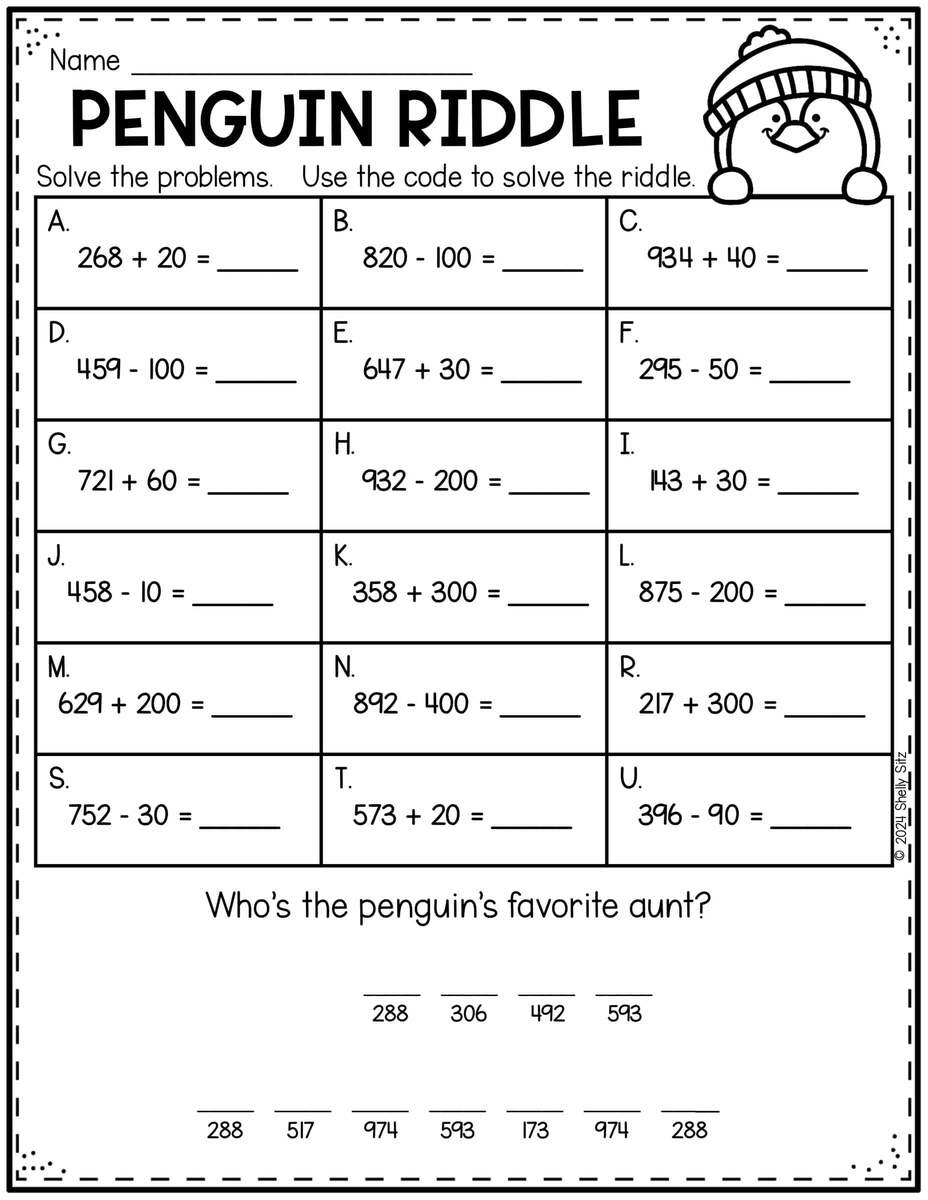 Free Penguin Math Worksheets For Second Grade Second Grade Teaching Blog Free Printable Addition Worksheet For Second Grade