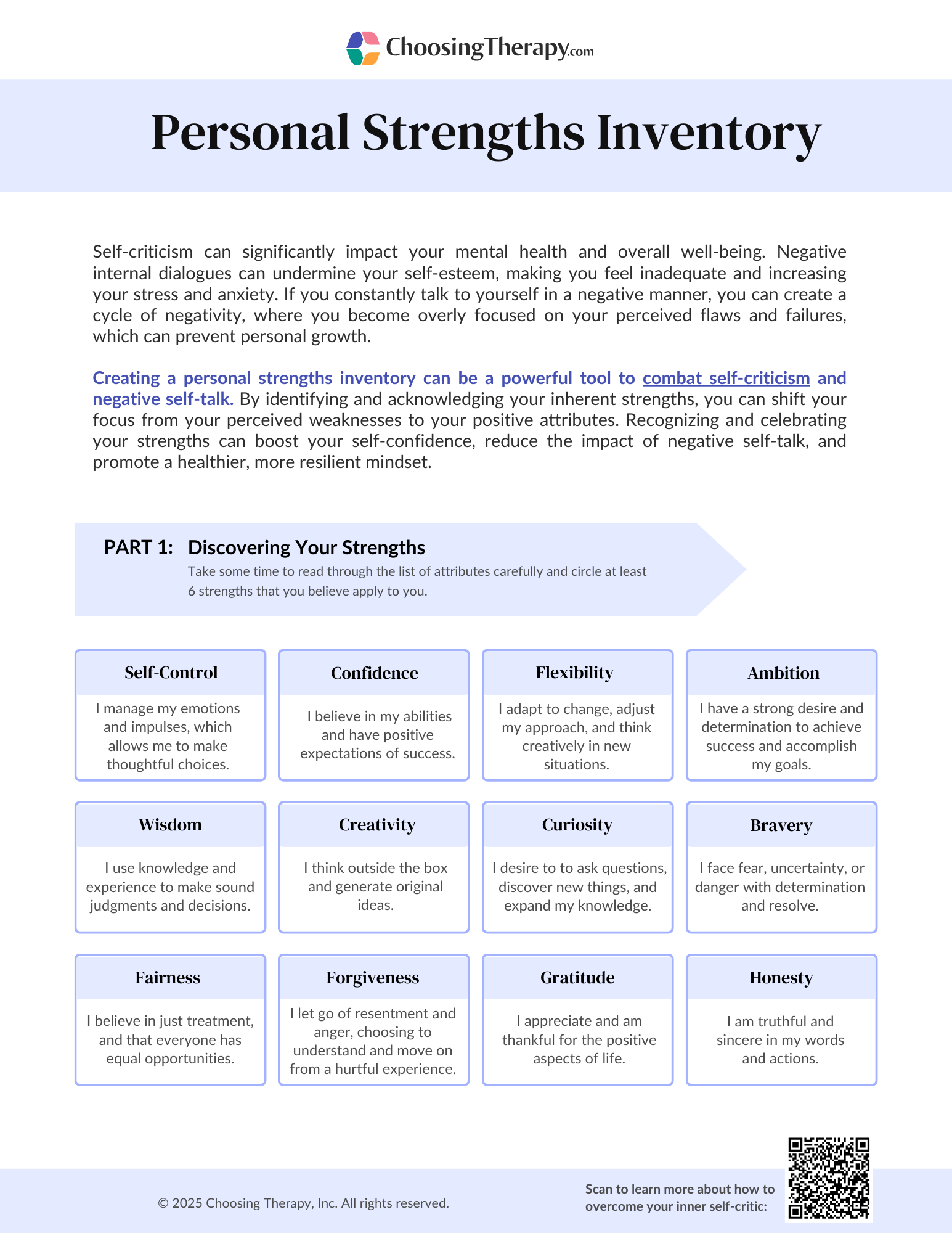 Free Personal Strengths Inventory Printable PDF ChoosingTherapy
