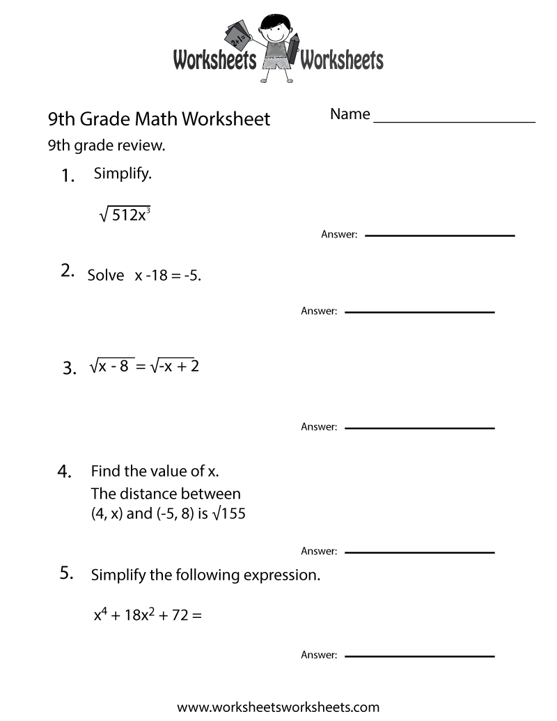 Free Printable Ninth Grade Math Practice Worksheet Free Printable Ninth Grade Math Practice Worksheet