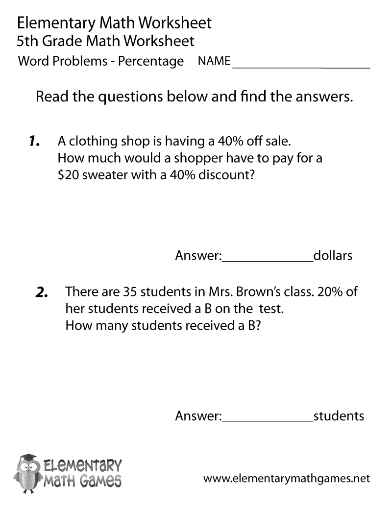 Free Printable Percentage Word Problems Worksheet For Fifth Grade 6th Grade Percent Word Problems