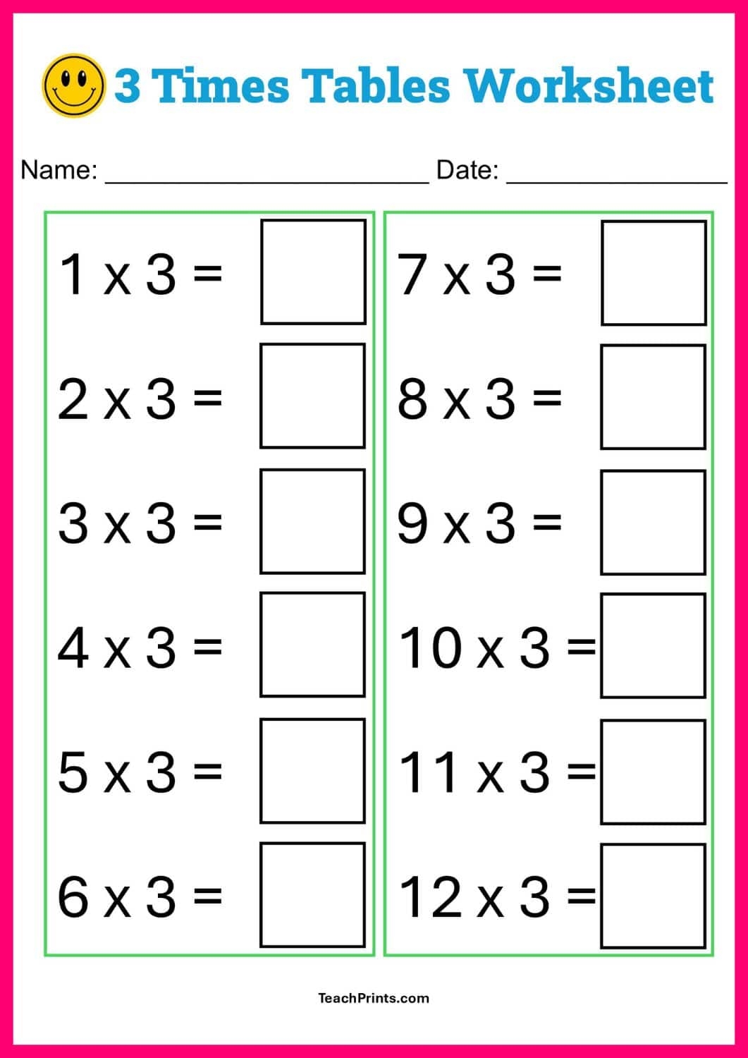 Free Three Times Tables Worksheets 8 Versions Teach Prints 3 Times Table Worksheet Collection