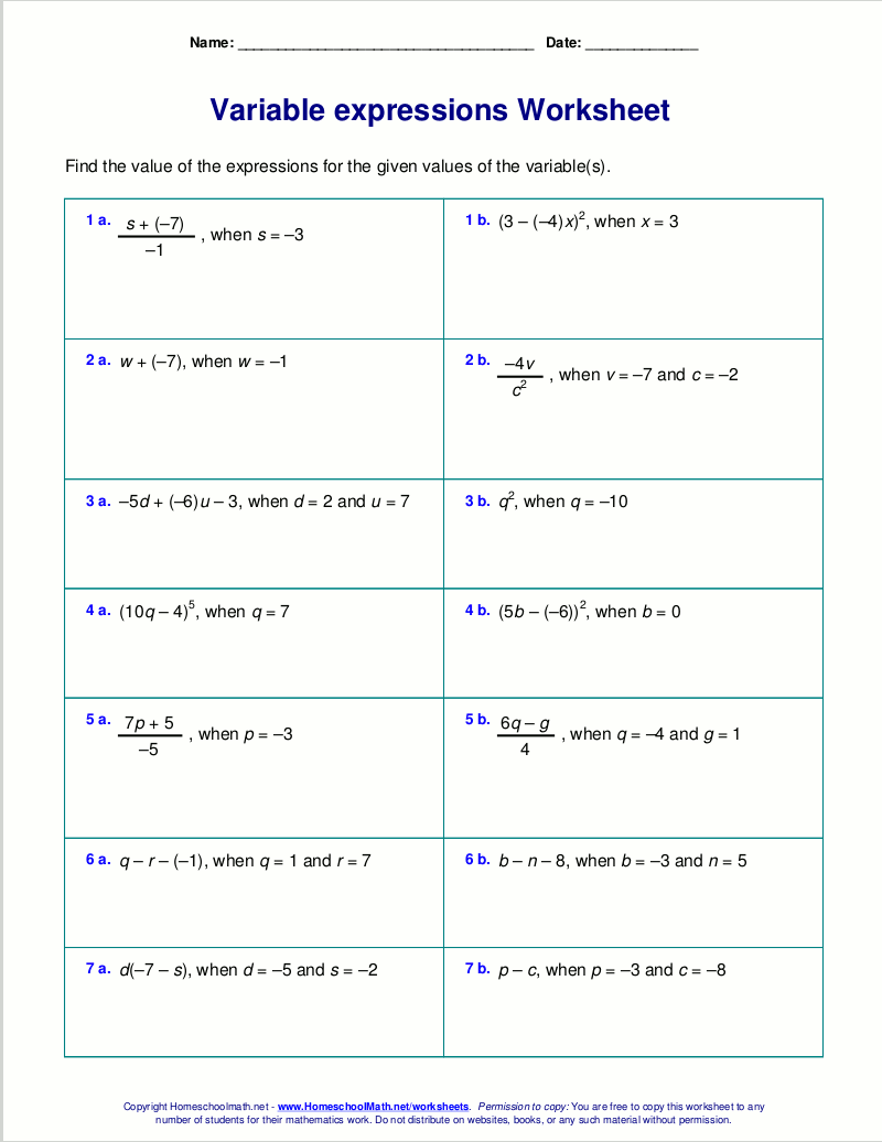 Free Worksheets For Evaluating Expressions With Variables Grades 6 8 Pre Algebra And Algebra 1 Free Multi Step Equations Worksheets Mashup Math