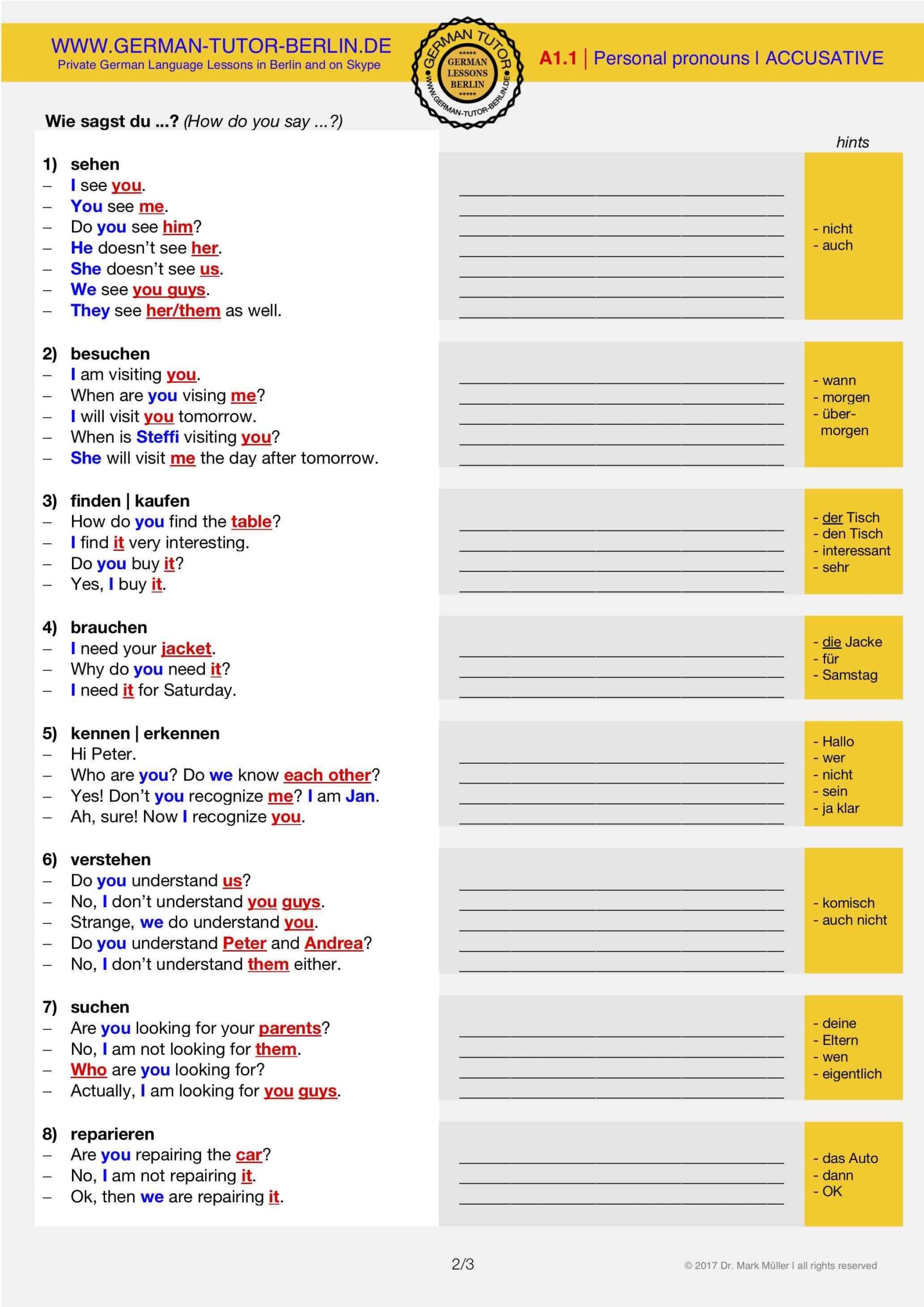 Possessive Pronouns In German Exercises And Worksheet