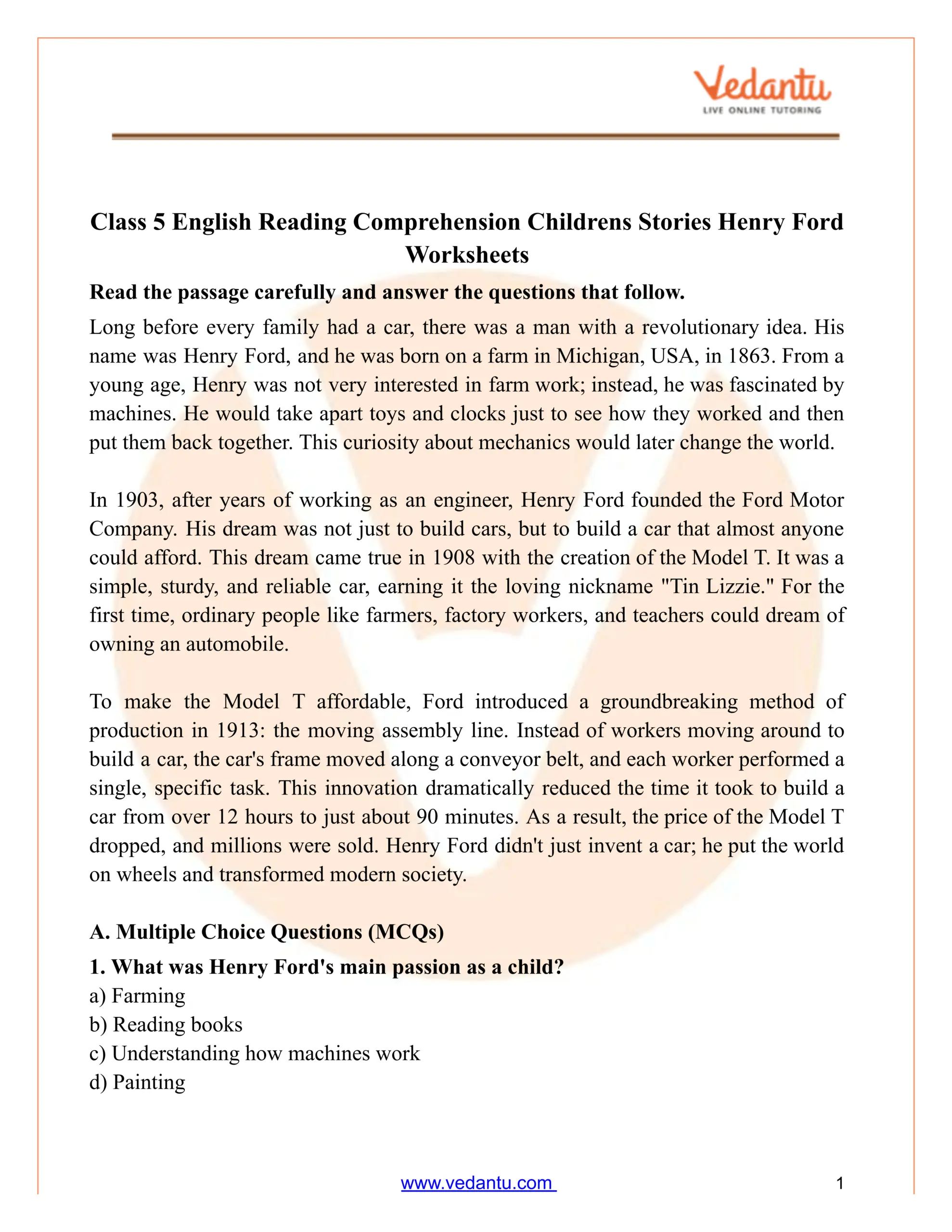 Grade 5 Reading Comprehension Worksheet Henry Ford Story Class 5 Reading Comprehension I Will Think Of It Worksheet