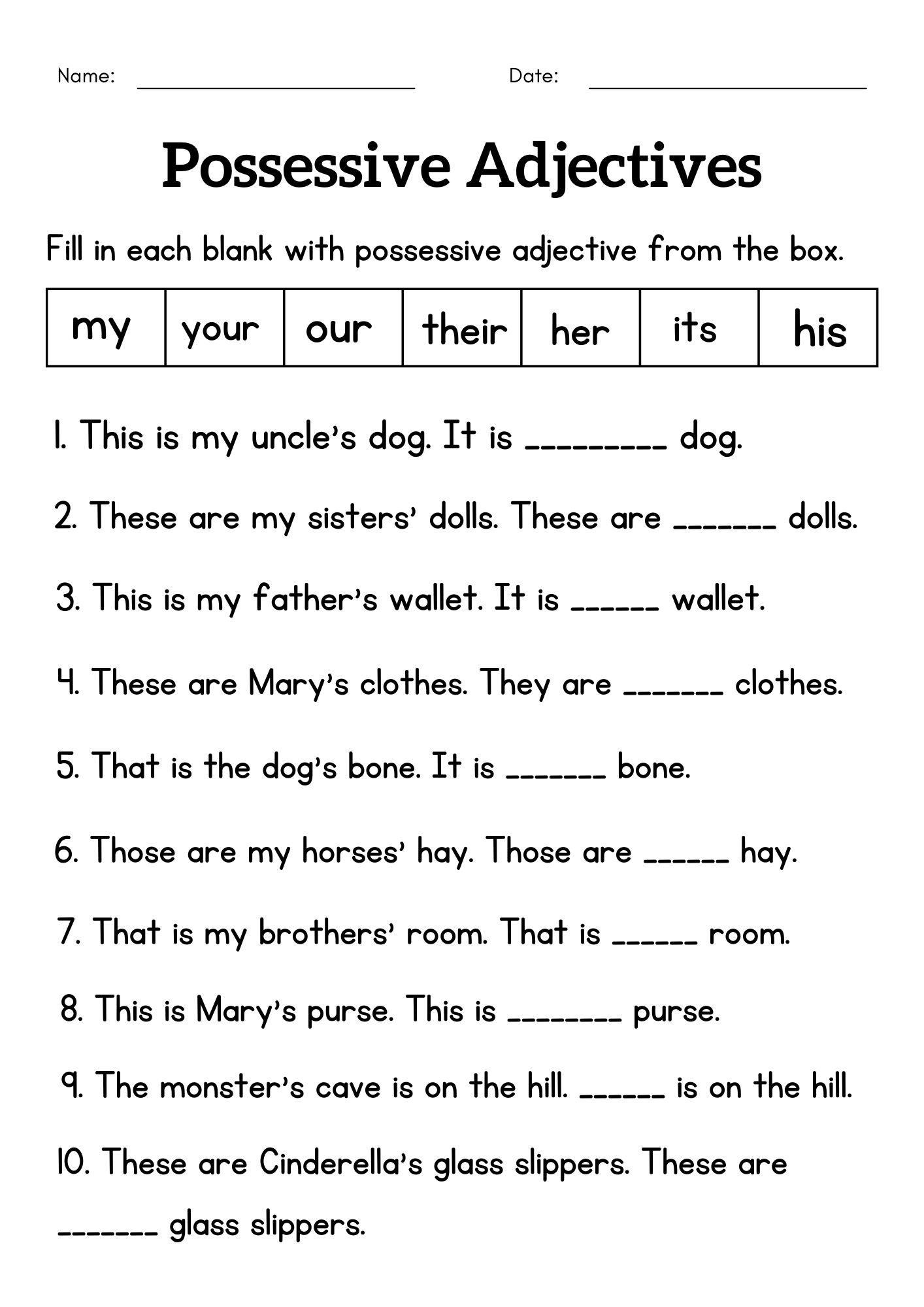Grammar Possessive Adjective Worksheet For Class 1 2 Made By Teachers Download Possessive Adjectives Worksheets For Free Vikramlearning