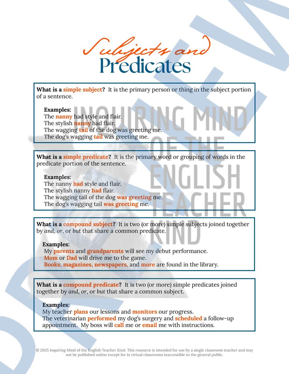 Grammar Review Worksheet On Subjects And Predicates For High School English Made By Teachers