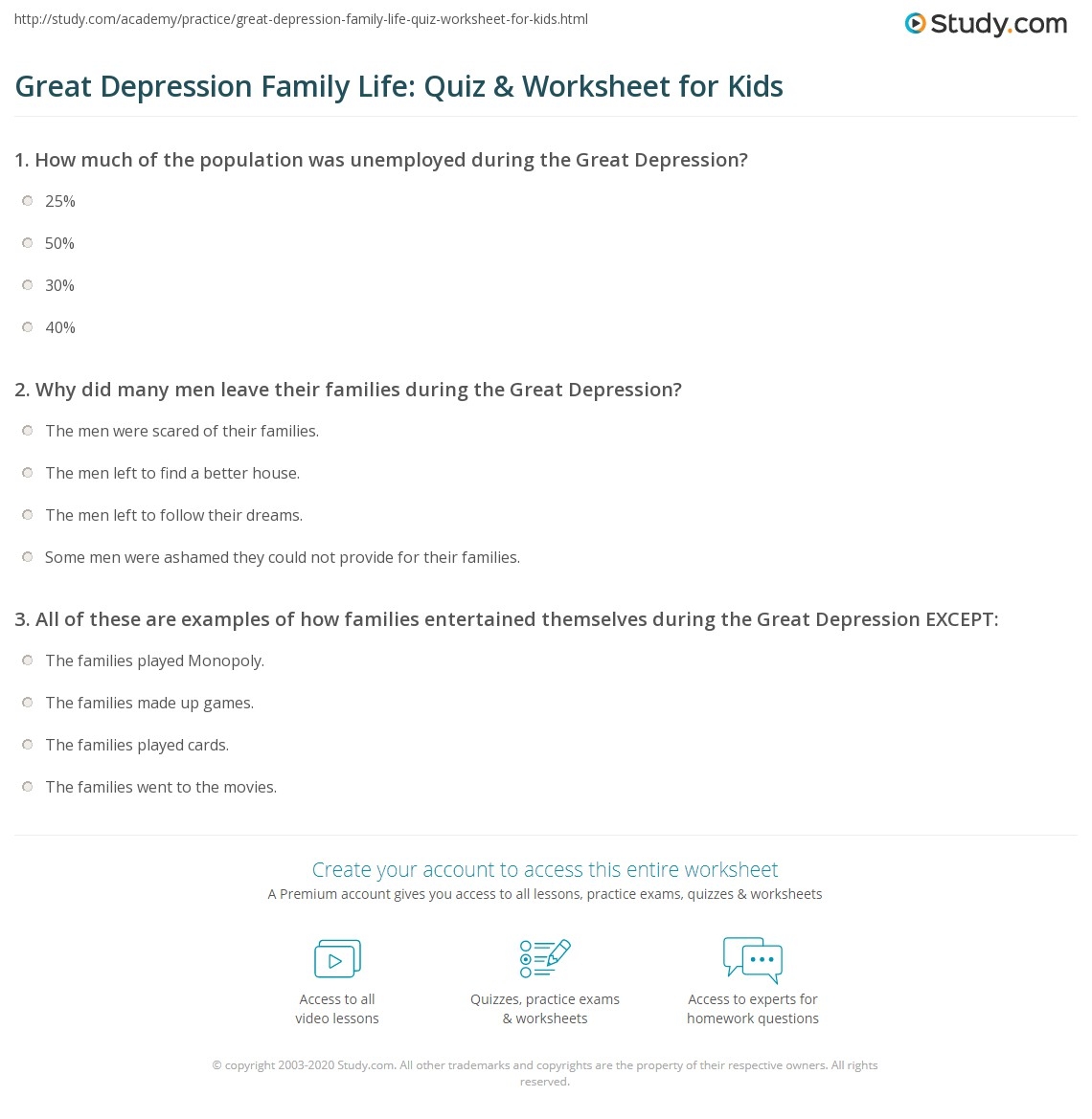 Great Depression Family Life Quiz Worksheet For Kids Study Great Depression Family Life Quiz Worksheet For Kids Study