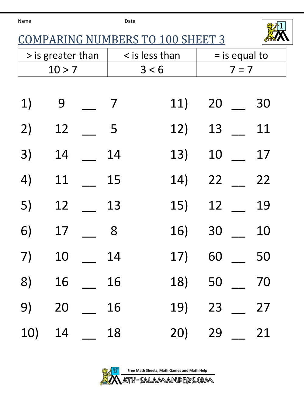 Greater Than Less Than Worksheet Comparing Numbers To 100 30 Printable Greater Than Less Than Equal To Worksheets Preschool 3rd Grade Math Etsy