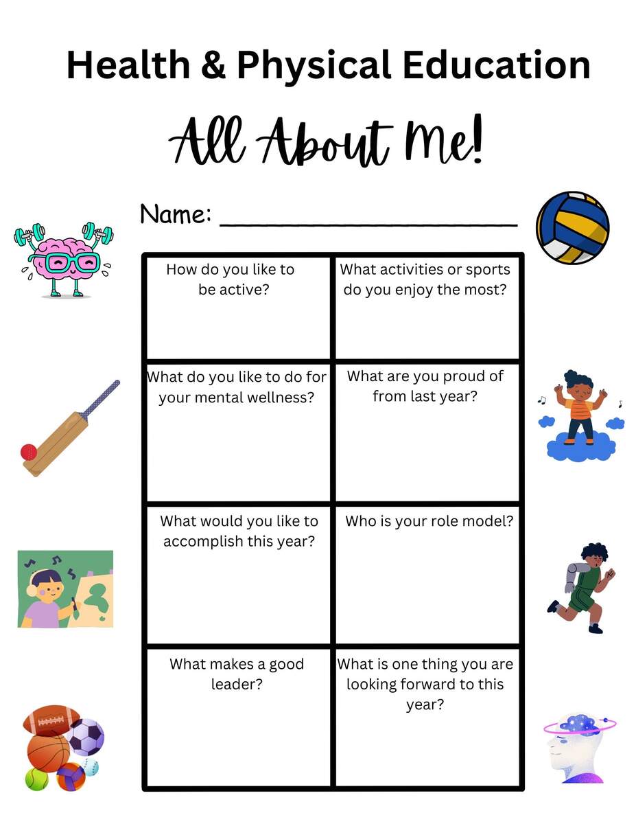 Health Physical Education All About Me Worksheet Back To School PE Icebreaker Activity Student Fitness And Wellness Printable PDF Etsy Engaging Physical Education Worksheets For Active Learning