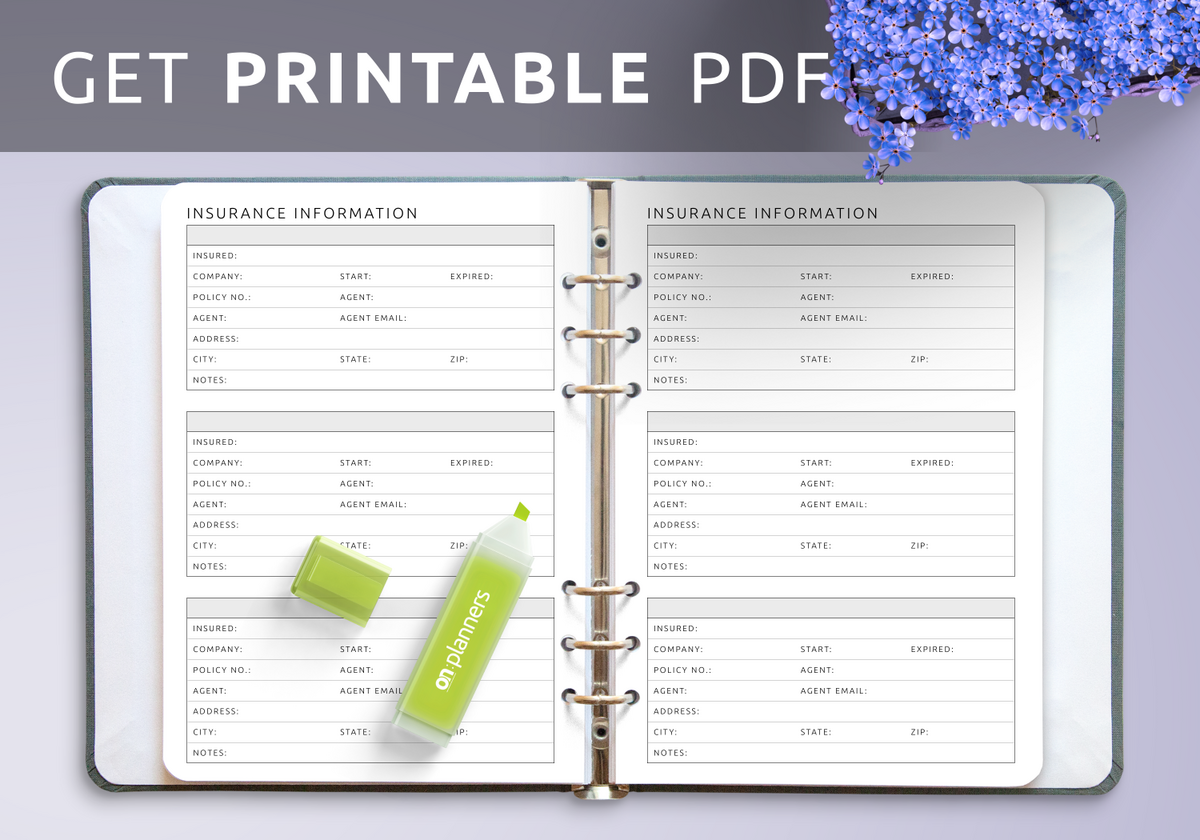Insurance Information Template Organized PDF For Records