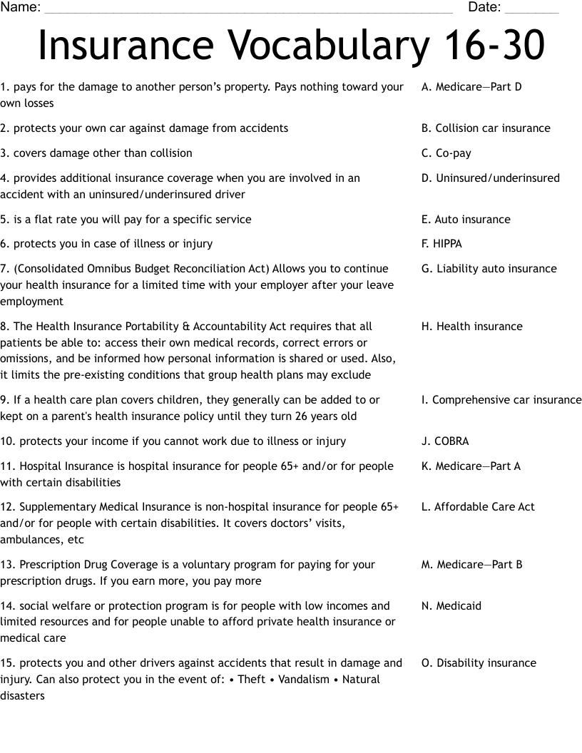 Insurance Vocabulary 16 30 Worksheet WordMint