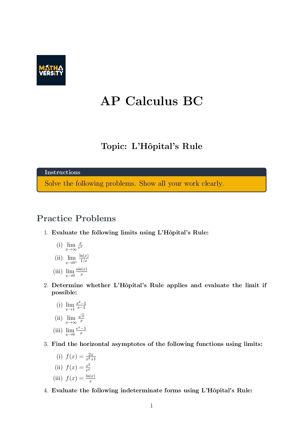 L H Pital S Rule AP Calculus BC Free Worksheet Practice Problems Mathaversity Tutors