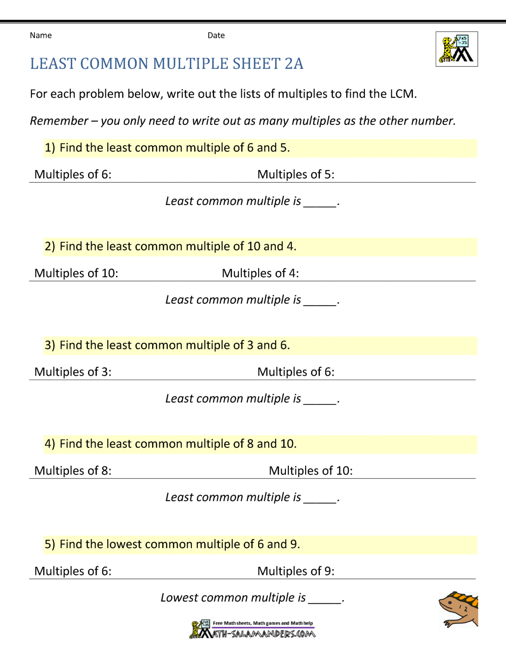 Least Common Multiple Worksheets Page Least Common Multiple Worksheets Page