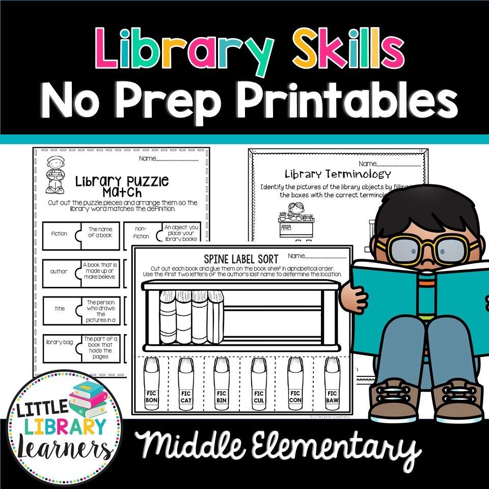 Library Skills No Prep Printables Middle Elementary Little Library Learners Library Skills Worksheet Rework A Bit For Younger Grades Worksheets Library