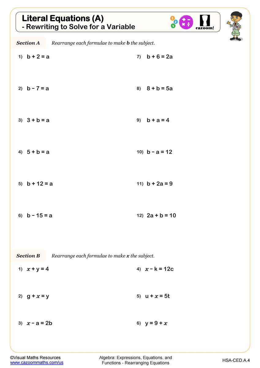 Literal Equations A Rewriting To Solve For A Variable Worksheet Algebra I PDF Worksheets Cazoom Math Printable 8th Grade Equations Fill In The Blanks Worksheets Download
