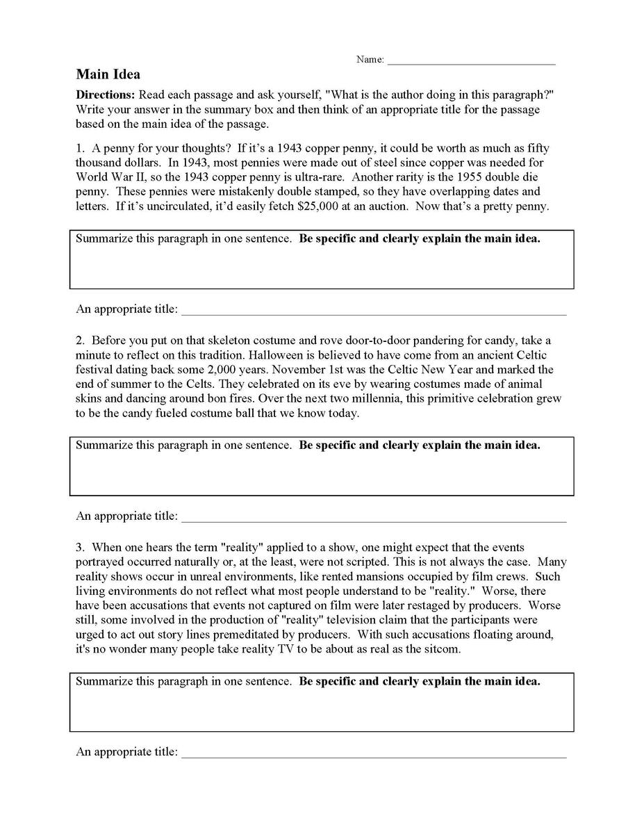 Main Idea Worksheet 1 Reading Activity Main Idea Worksheet 1 Reading Activity