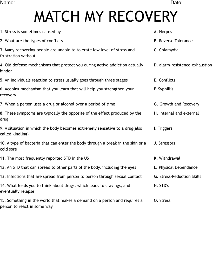 MATCH MY RECOVERY Worksheet WordMint MATCH MY RECOVERY Worksheet WordMint