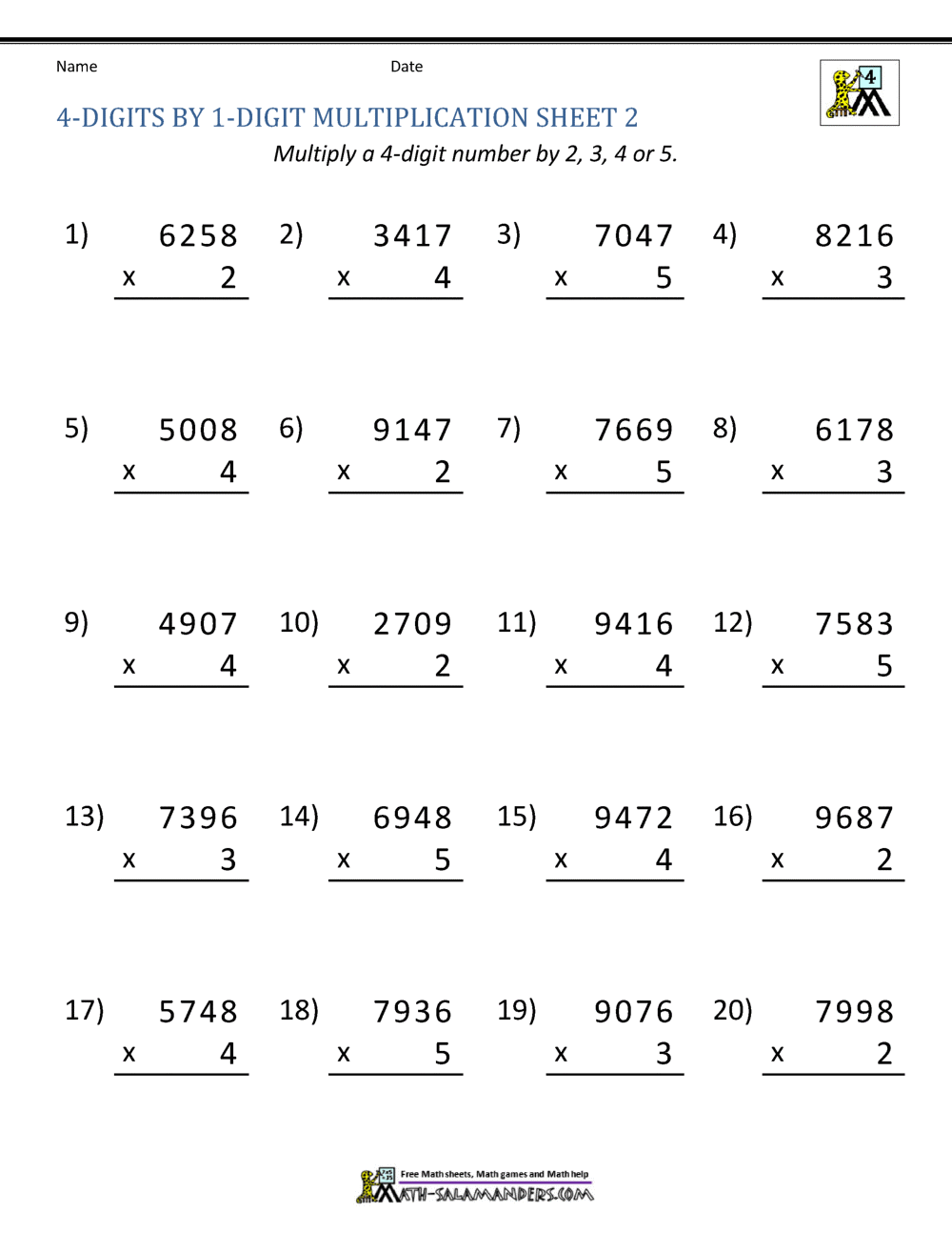 Free 4 Digit By 2 Digit Multiplication Worksheets Teach Prints