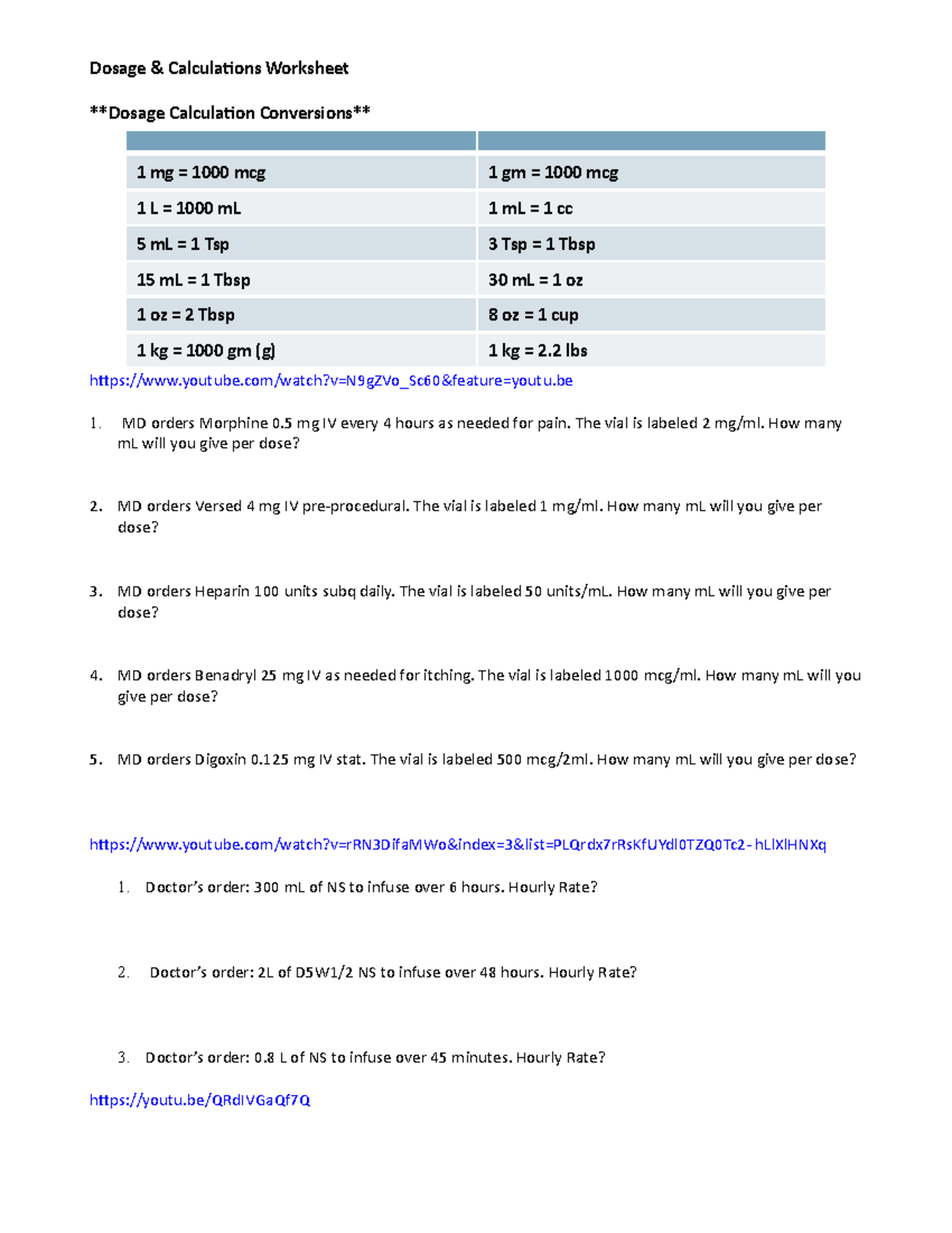 Med Math Worksheet Dosage Calculations Practice Guide Studocu