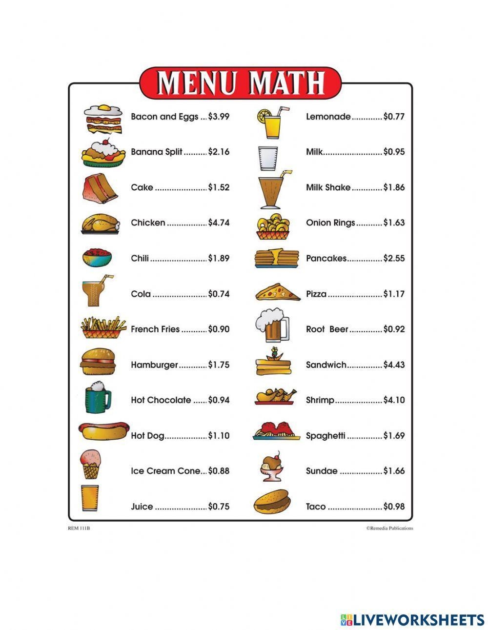 Menu Math Worksheet Worksheets Library This FREE 3 Page Menu Can Be Used To Create Menu Math Worksheets Worksheets Library