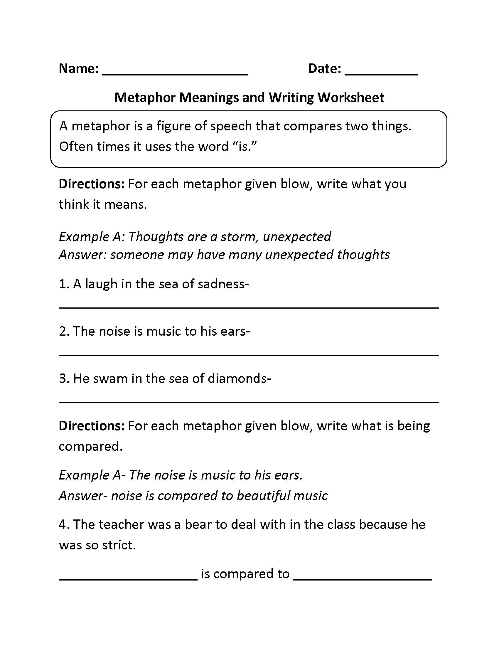 Metaphors Worksheets Free Figurative Language Practice