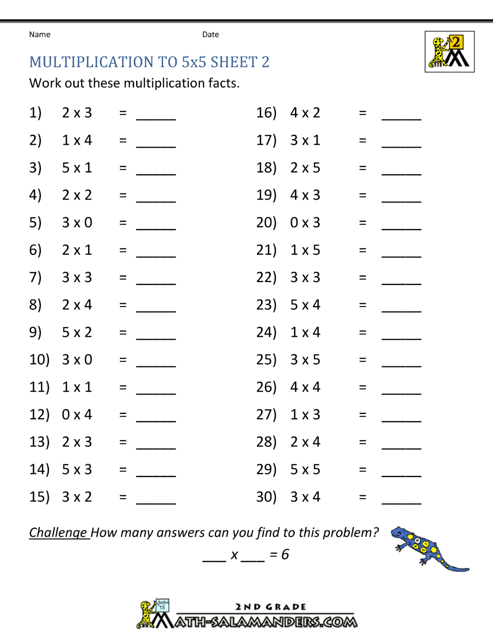 Multiplication Practice Worksheets To 5x5 Free Printable Multiplication Worksheets 2nd Grade