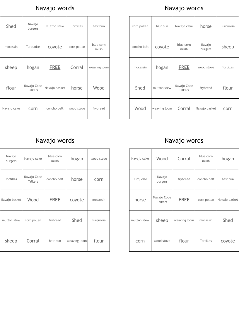 Navajo Words Bingo Cards WordMint