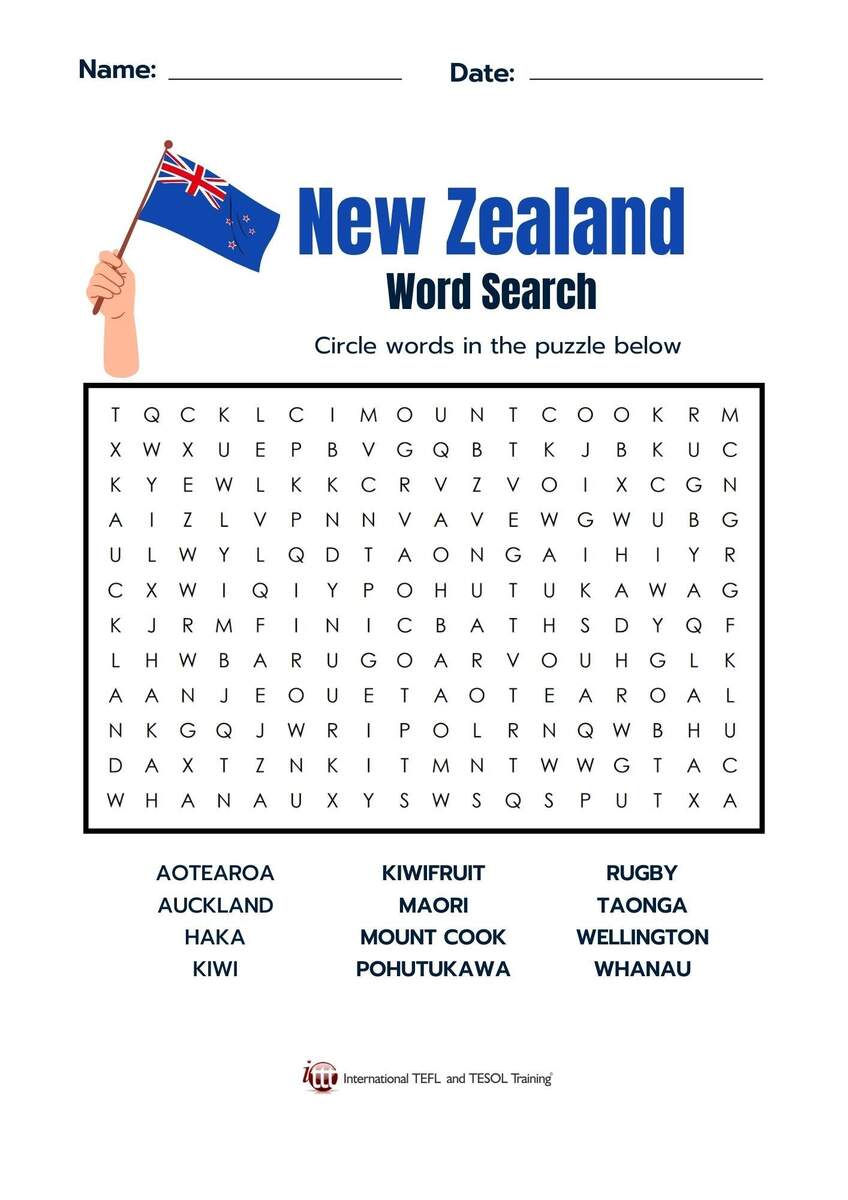 New Zealand Vocabulary EFL Word Search ITTT