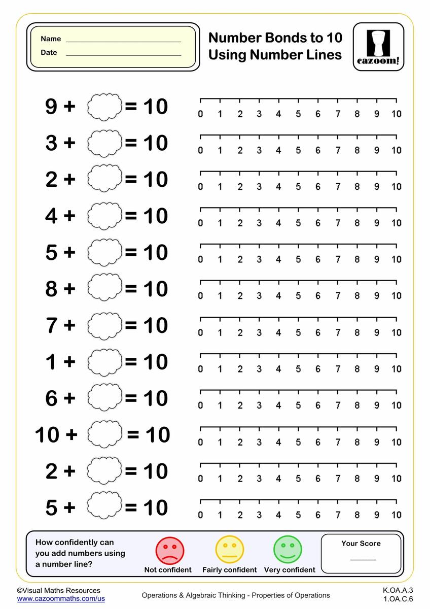 Number Bonds To 10 With Number Lines K Grade PDF Addition Worksheets Cazoom Math