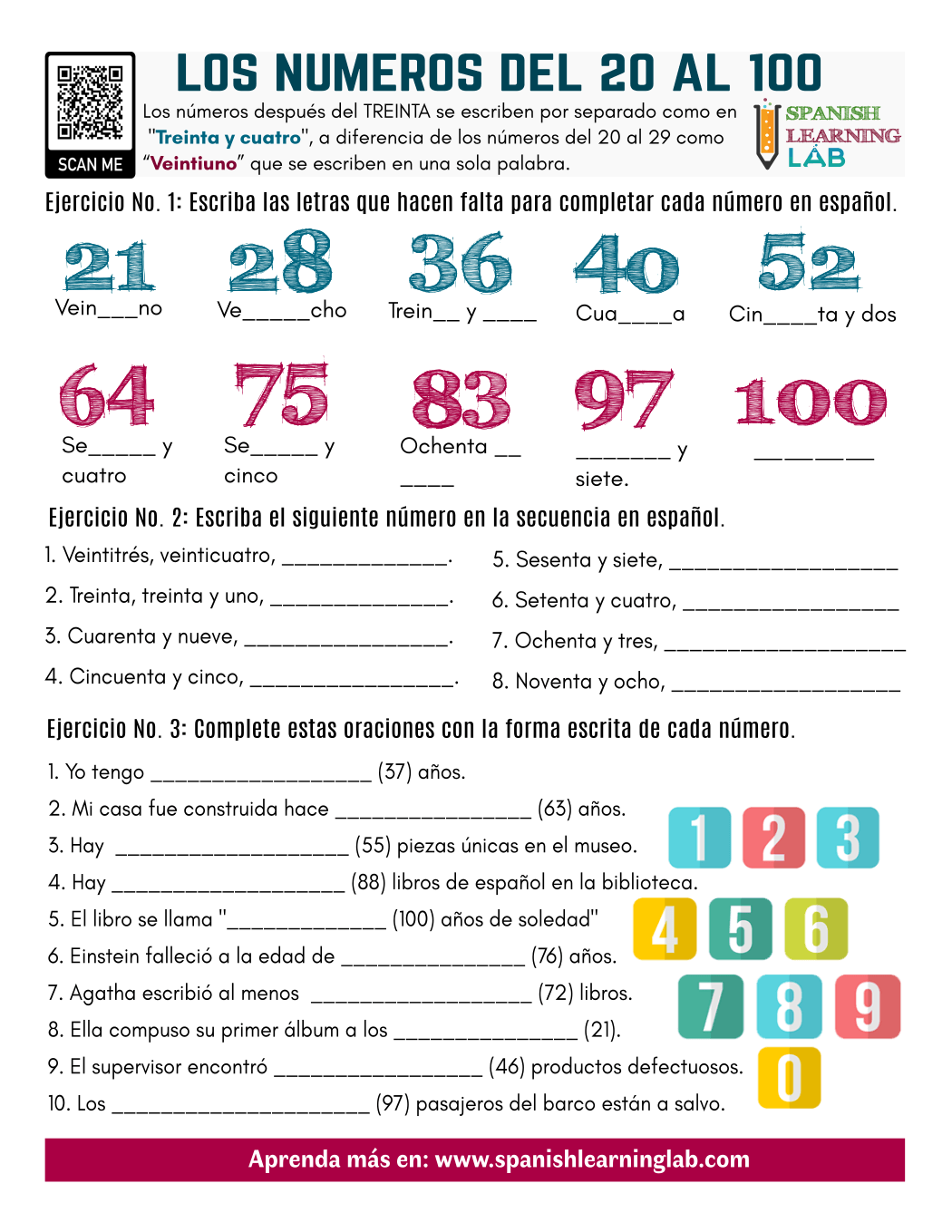 Numbers In Spanish From 20 To 100 PDF Worksheet Spanish Learning Lab Spanish Numbers 1 100 Word Search WordMint