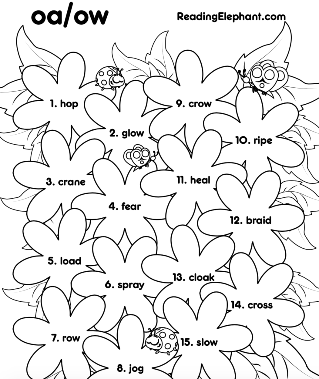 Oa Ow Worksheets Flower Coloring Activity Reading Elephant Oa Ow Worksheets Flower Coloring Activity Reading Elephant