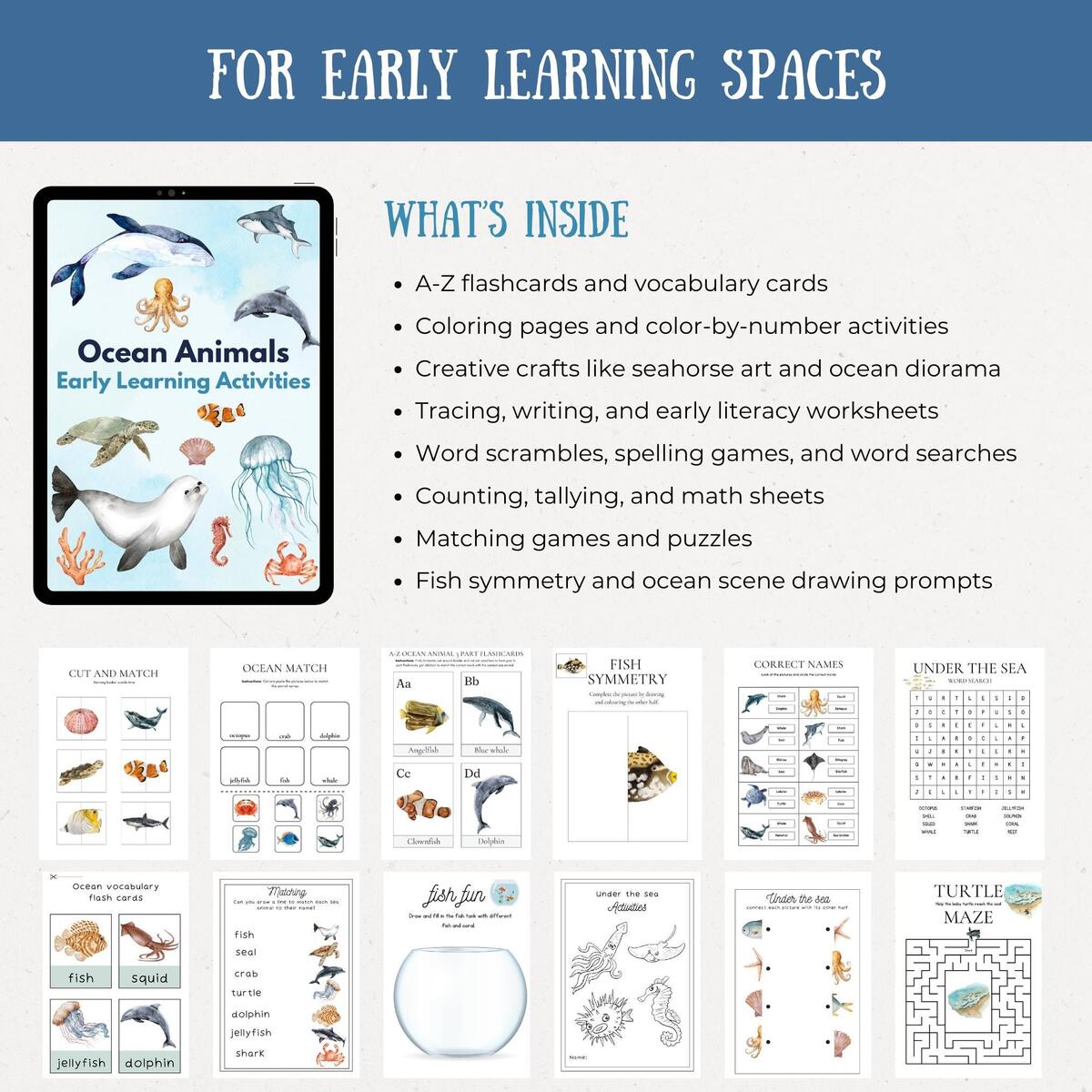 Ocean Animals Early Learning Bundle Printable Worksheets Flashcards Crafts Preschool Homeschool Under Sea Theme Morning Basket Activity Etsy