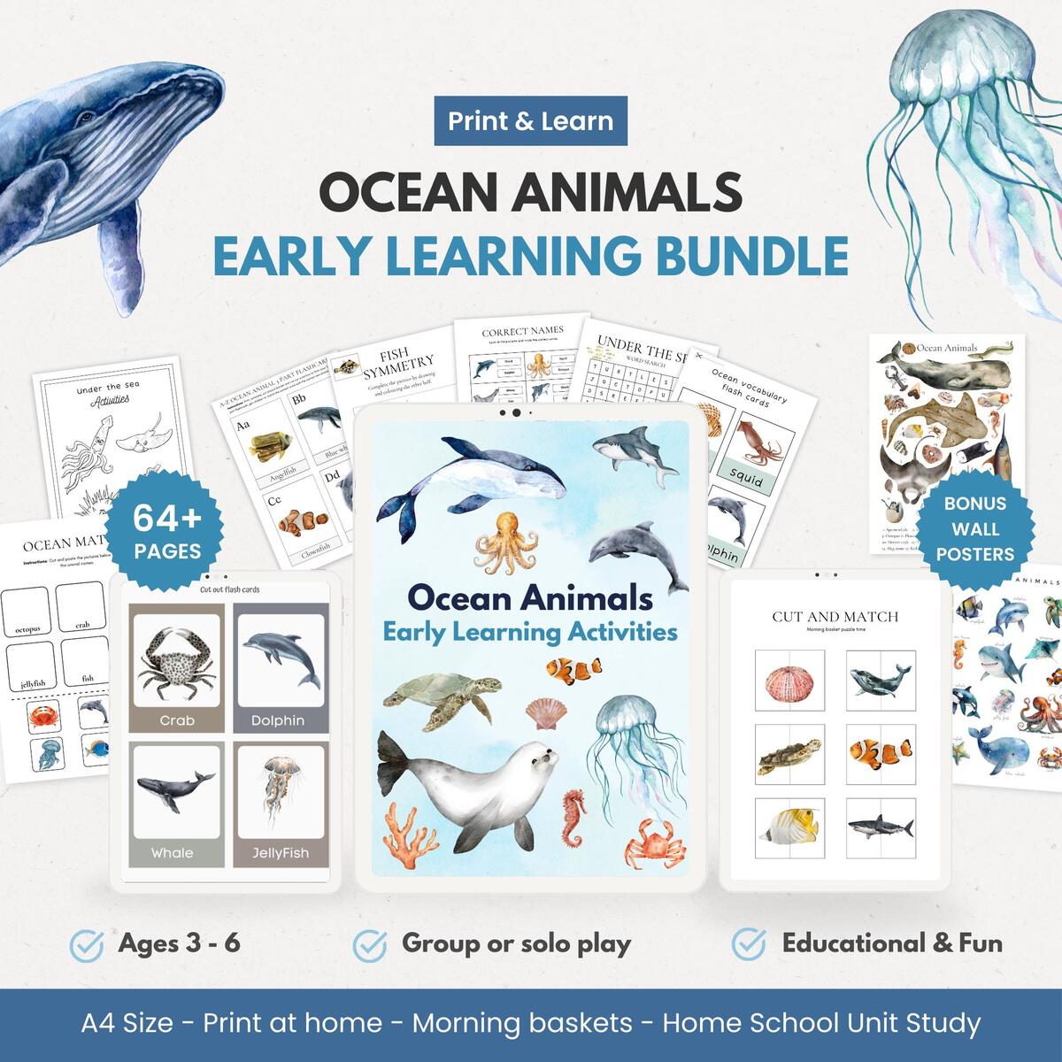 Ocean Animals Early Learning Bundle Printable Worksheets Flashcards Crafts Preschool Homeschool Under Sea Theme Morning Basket Activity Etsy