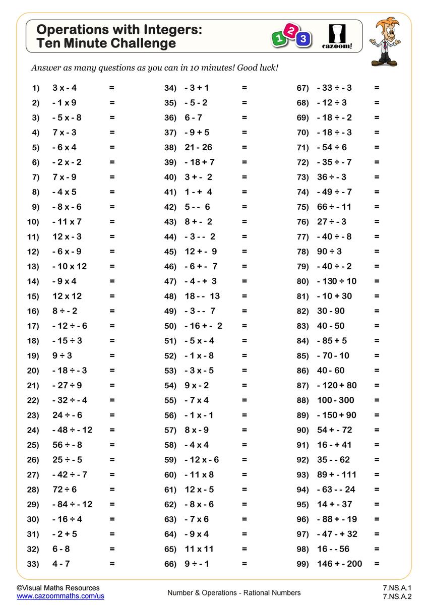 Operations With Integers Ten Minute Challenge Worksheet PDF Printable Number Operations Worksheet Cazoom Math Integers Worksheets For Grade 7 Math