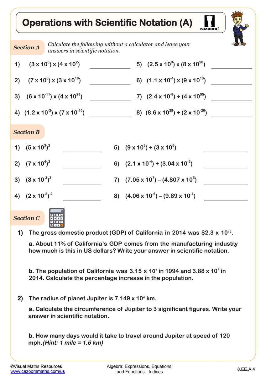 Operations With Scientific Notation A Worksheet Fun And Engaging 8th Grade PDF Worksheets Cazoom Math Scientific Notation Standard Form Search Worksheet 8th Grade PDF Worksheets Cazoom Math