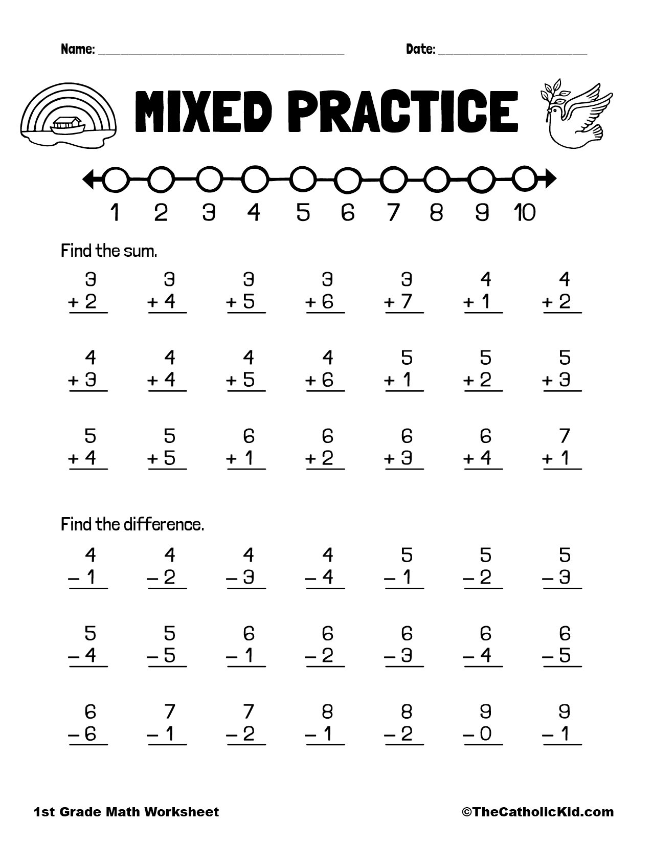 Practice Addition Subtraction 1st Grade Math Worksheet Catholic TheCatholicKid Free 1st Grade Math Worksheet Templates To Customize Canva