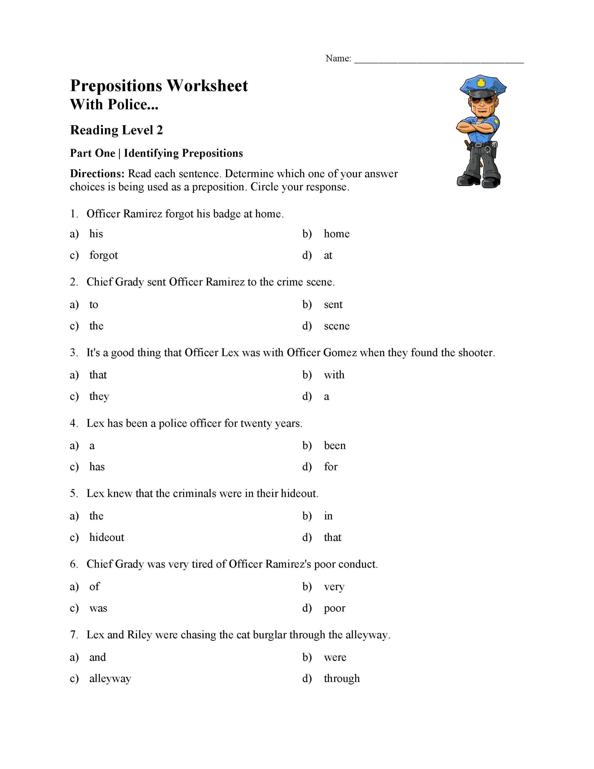 Preposition Worksheet With The Police Parts Of Speech Activity Preposition Worksheet With The Police Parts Of Speech Activity